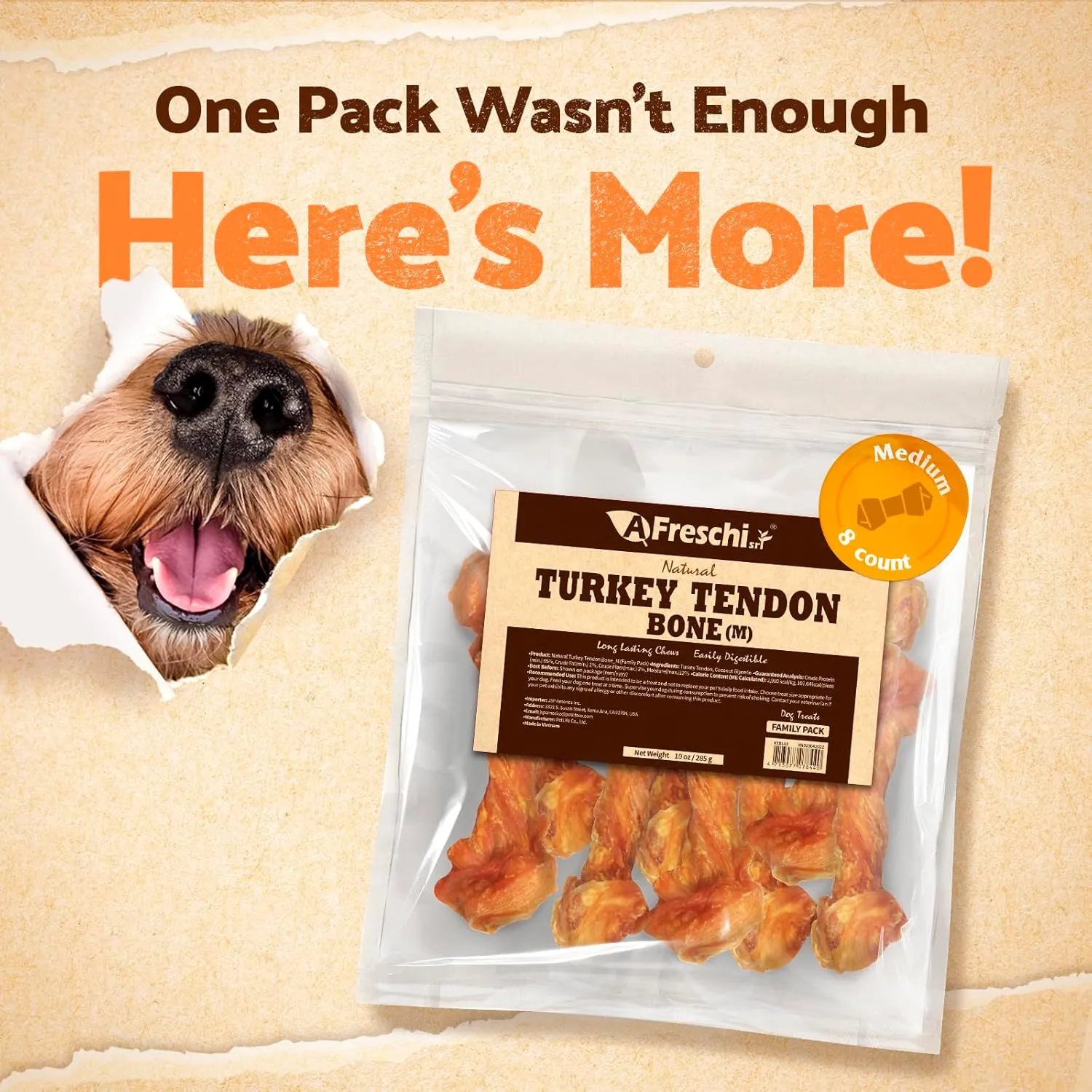 Afreschi Natural Turkey Tendon Bone (M) 10 oz, Turkey Sourced from USA, All Natural Puppy Chew, Hypoallergenic, Rawhide Alternative, for Medium Breeds