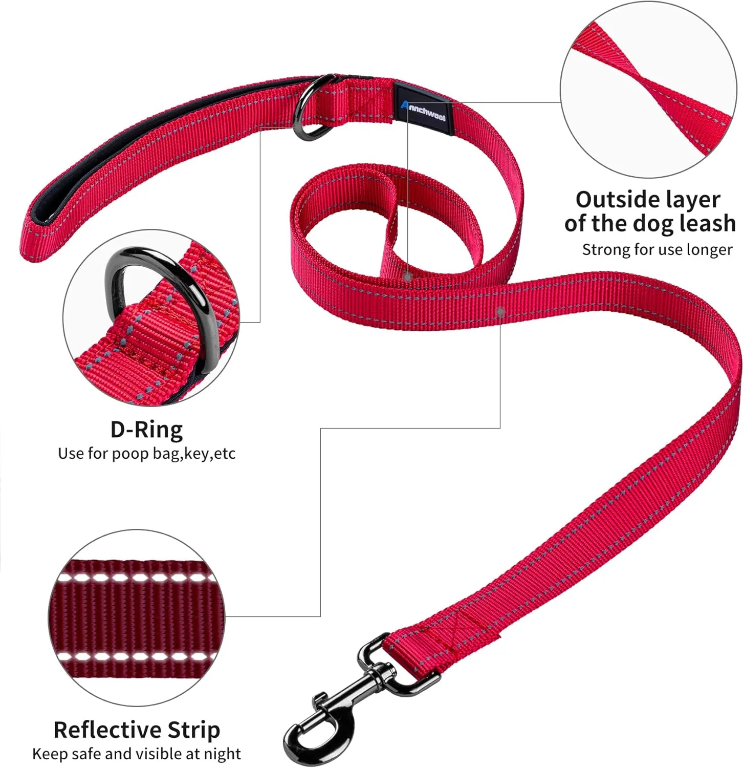 Annchwool No Pull Dog Harness with Padded Handle 5 Ft Leash,Reflective Strip Escape Proof and Quick Fit to Adjust Dog Harness,Easy for Training Walking for Small & Medium and Large Dogs(Red-Set,XL)