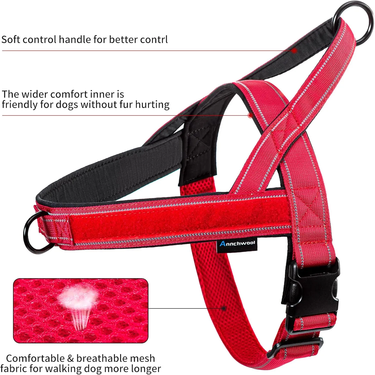 Annchwool No Pull Dog Harness with Padded Handle 5 Ft Leash,Reflective Strip Escape Proof and Quick Fit to Adjust Dog Harness,Easy for Training Walking for Small & Medium and Large Dogs(Red-Set,XL)
