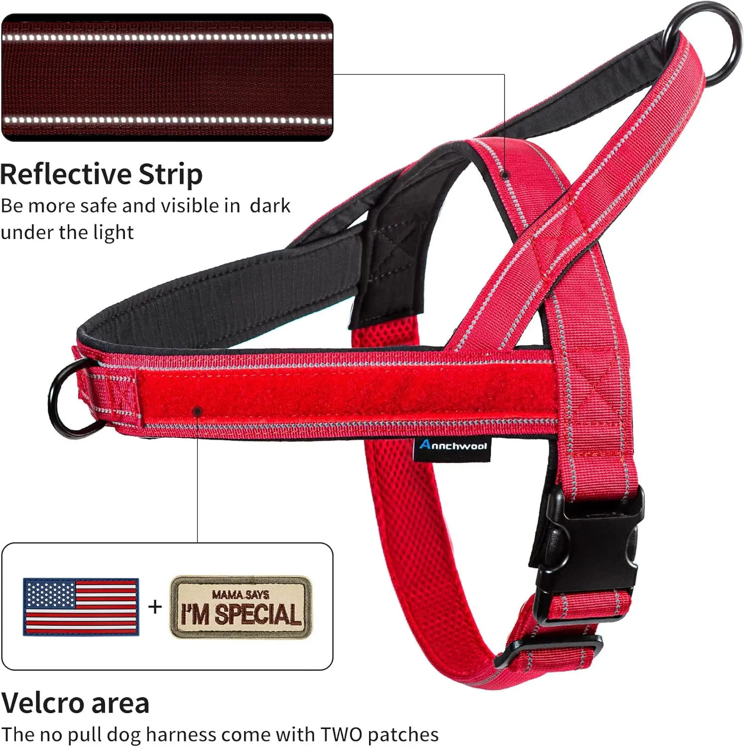 Annchwool No Pull Dog Harness with Padded Handle 5 Ft Leash,Reflective Strip Escape Proof and Quick Fit to Adjust Dog Harness,Easy for Training Walking for Small & Medium and Large Dogs(Red-Set,XL)