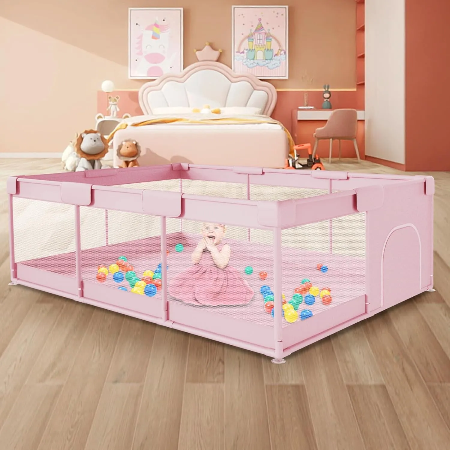 Baby Playpen 74 x 50 Inch Play Pens for Babies and Toddlers, Large Play Yards for Indoor & Outdoor with Zipper Gates, Breathable Mesh with Anti-Slip Base (Pink)