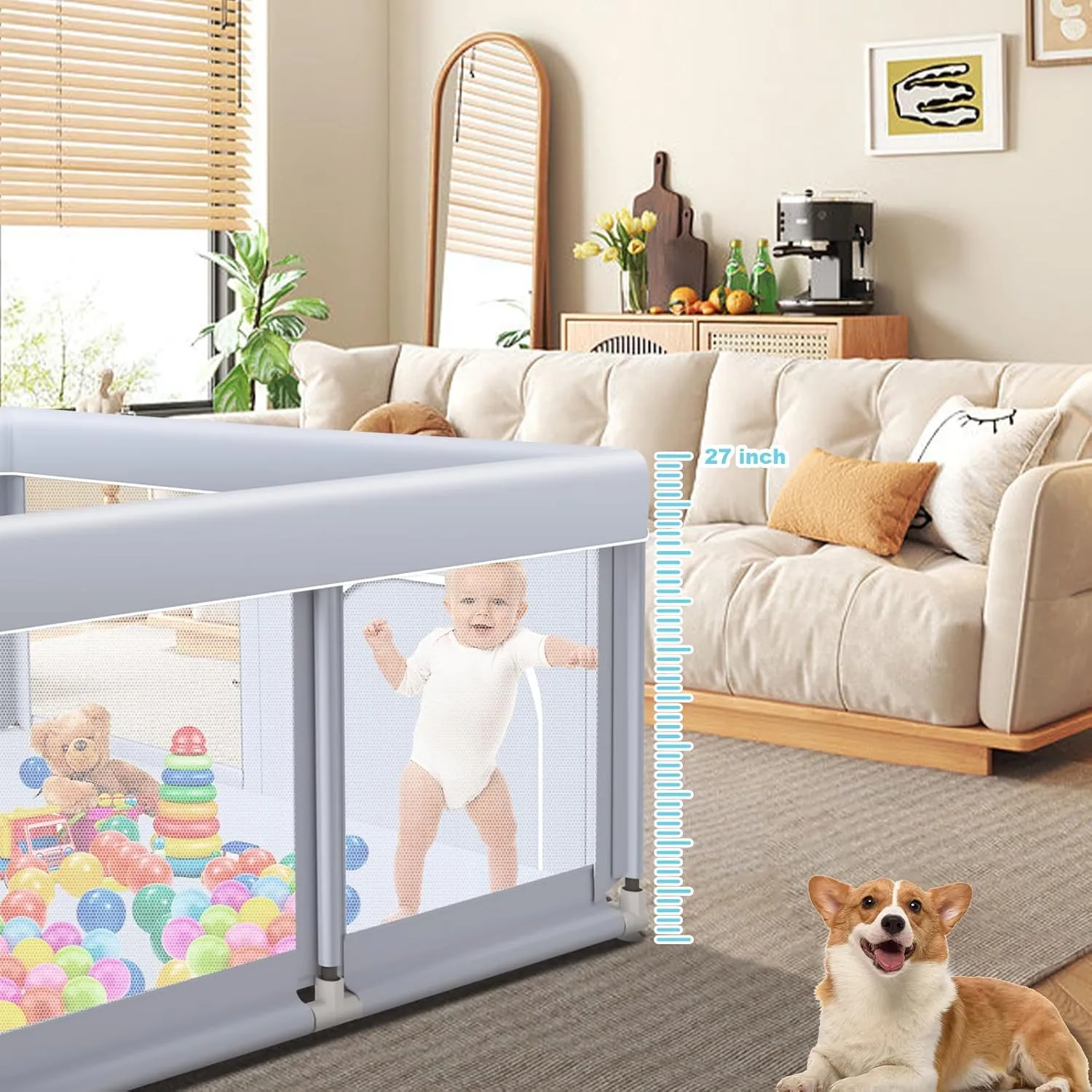 Baby Playpen 74"x50" Play Pens for Babies and Toddlers, Large Play Yards for Indoor & Outdoor with Zipper Gates, Breathable Mesh with Anti-Slip Base
