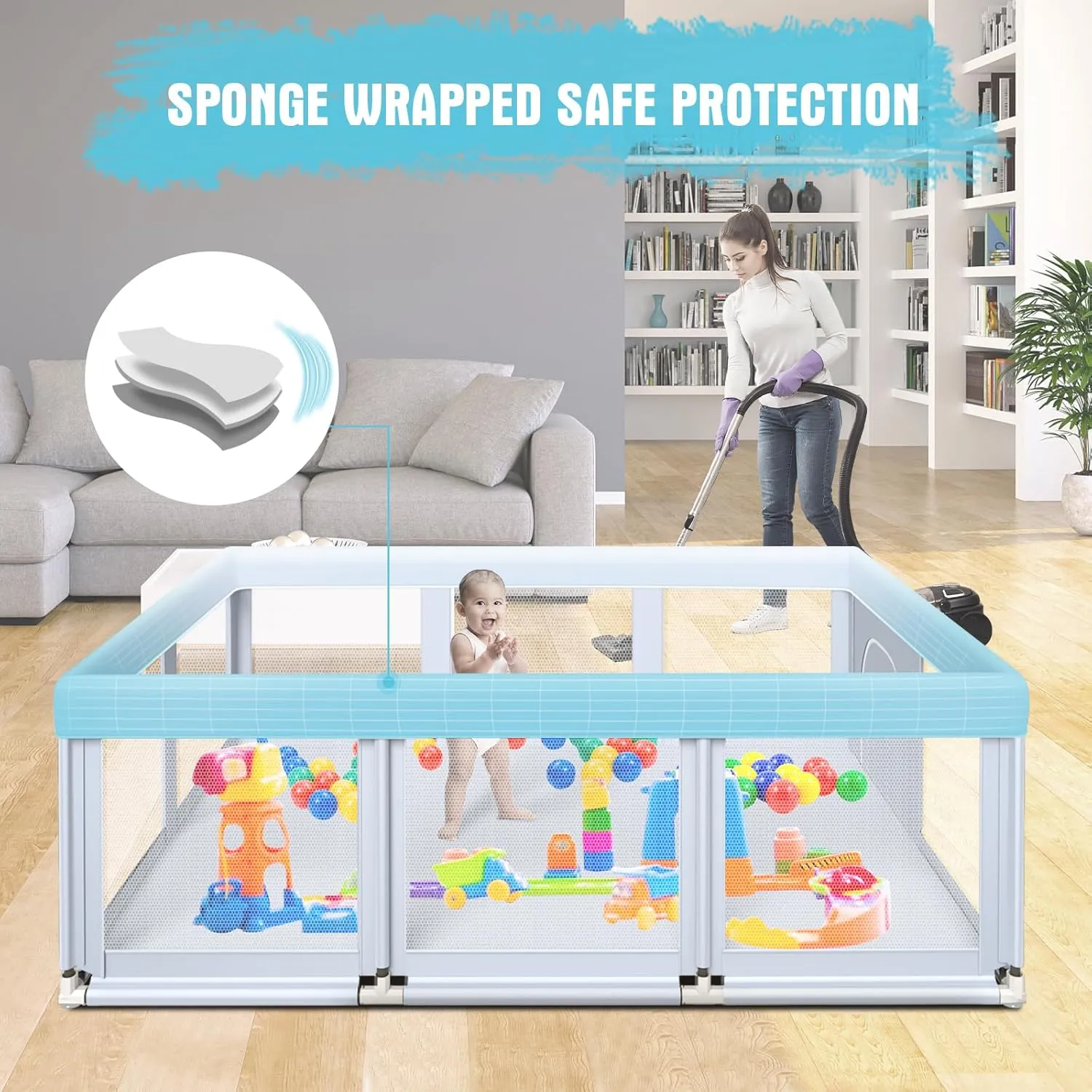 Baby Playpen 74"x50" Play Pens for Babies and Toddlers, Large Play Yards for Indoor & Outdoor with Zipper Gates, Breathable Mesh with Anti-Slip Base