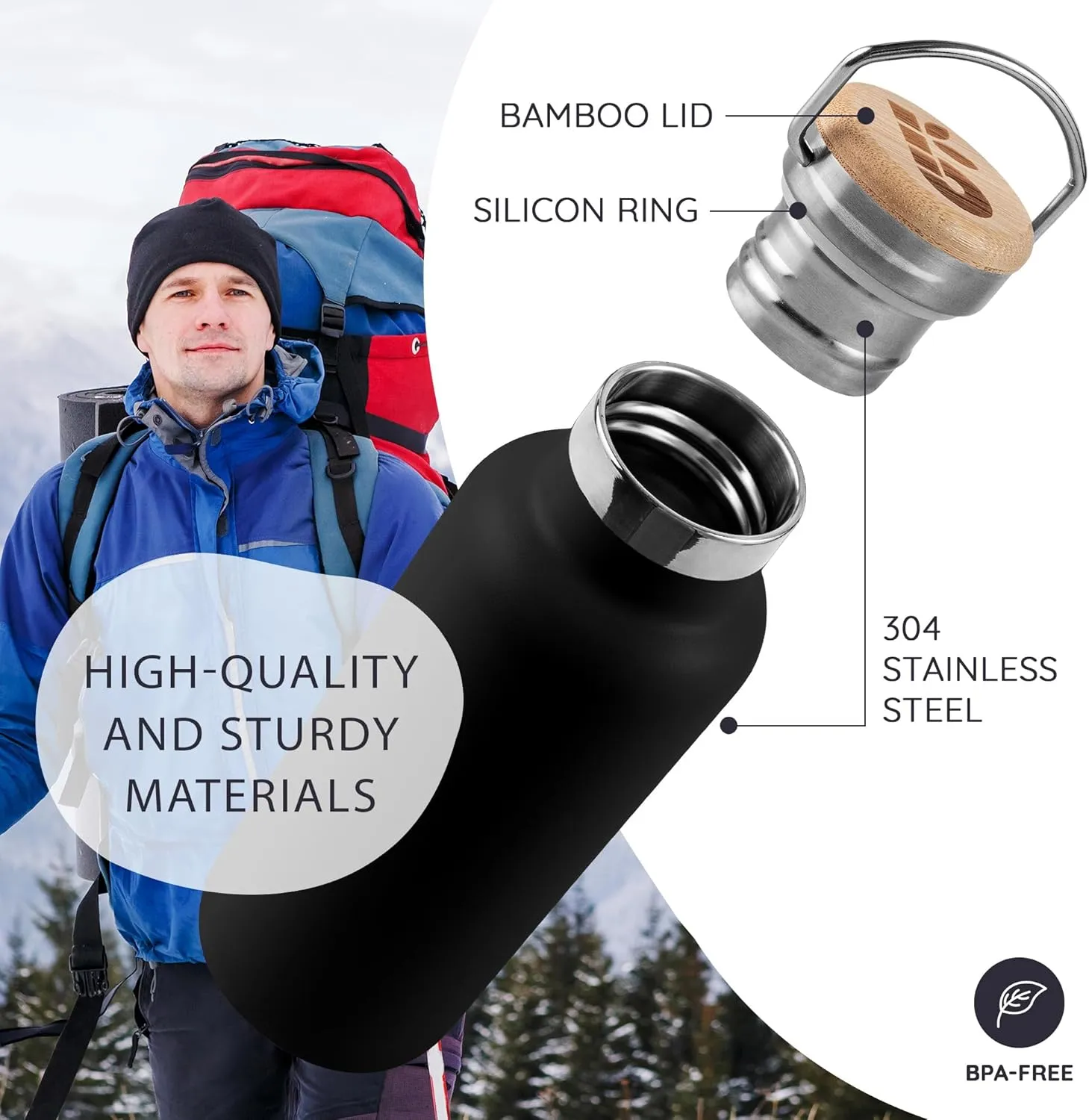 Bambaw 24 oz Insulated Stainless Steel Water Bottle - Jet Black, Leakproof, Dishwasher Safe, Double Wall, Cold 24 Hours