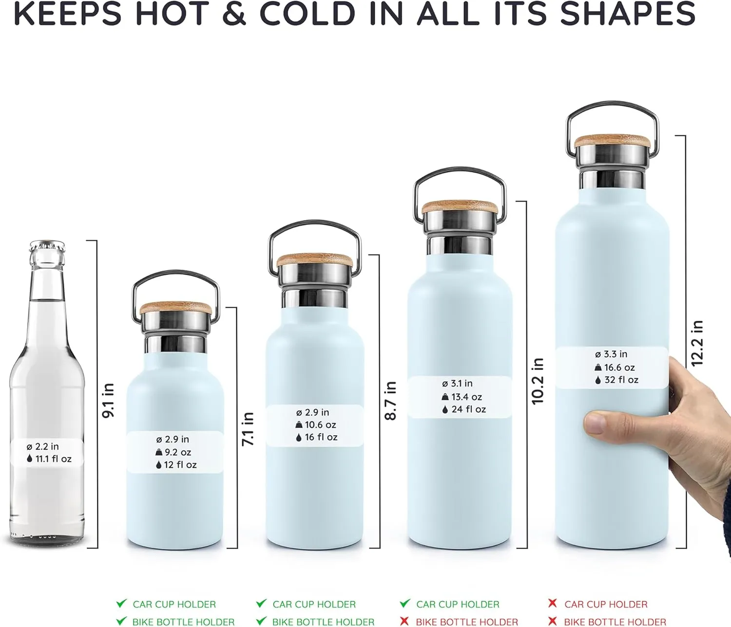 Bambaw Insulated 750ml Vacuum Water Bottle  Light Blue, Stainless Steel, Leakproof, Walking Bottle
