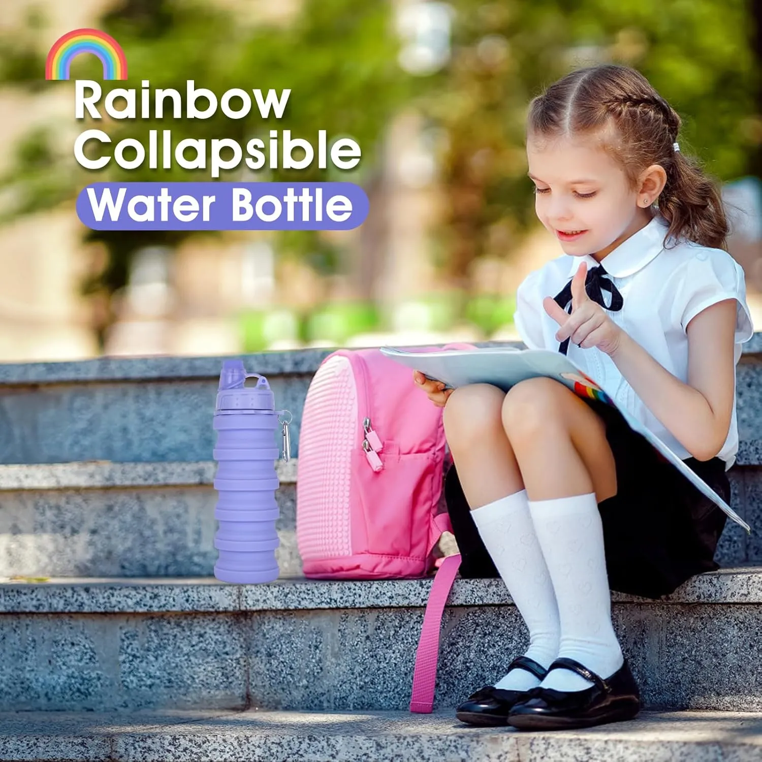 Collapsible Water Bottle for Adults, Boys, Students, Kids, Reusable Silicone Foldable Water Bottles for Travel Camping Hiking, Portable Sports Water Bottle, Purple