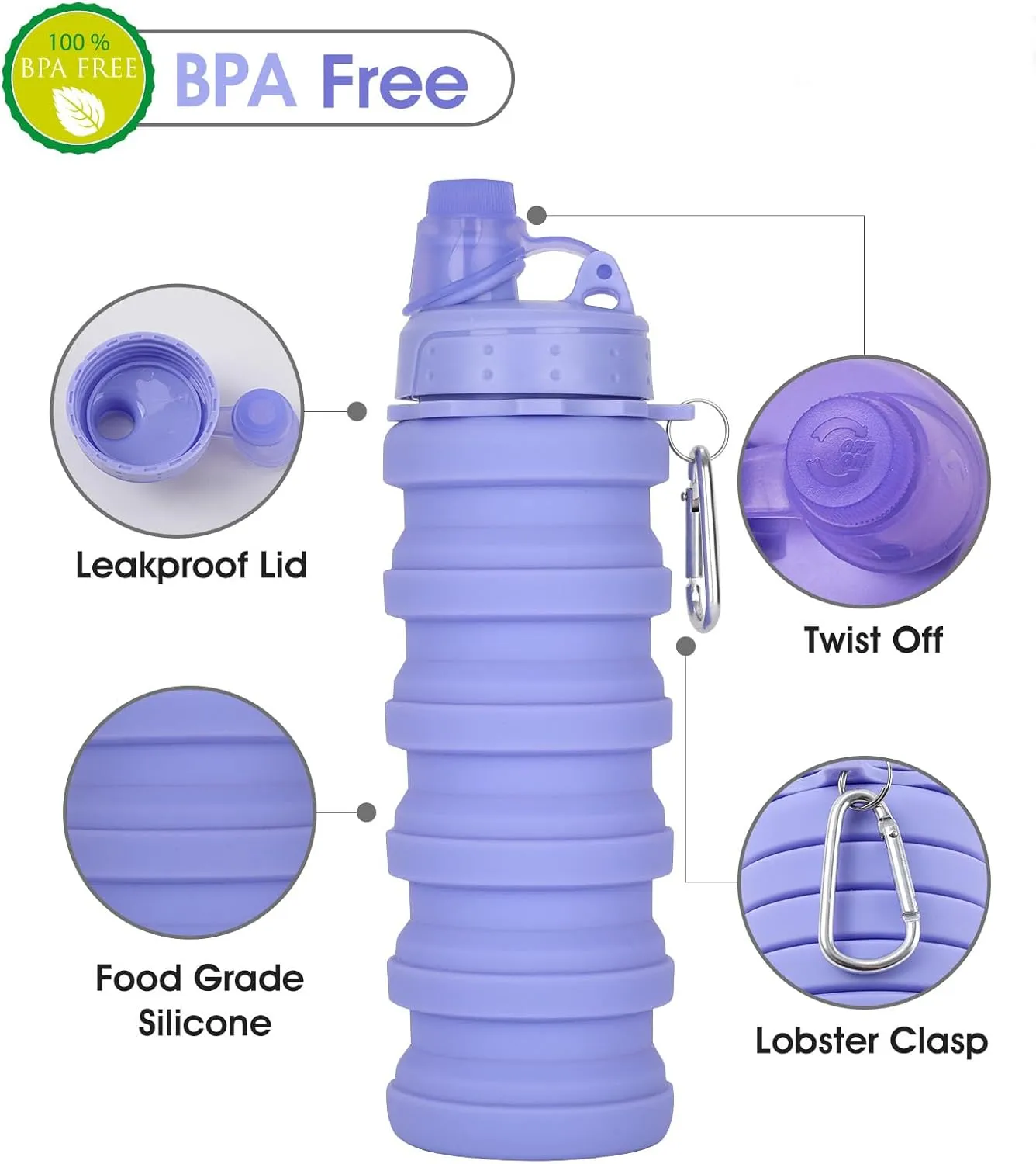 Collapsible Water Bottle for Adults, Boys, Students, Kids, Reusable Silicone Foldable Water Bottles for Travel Camping Hiking, Portable Sports Water Bottle, Purple