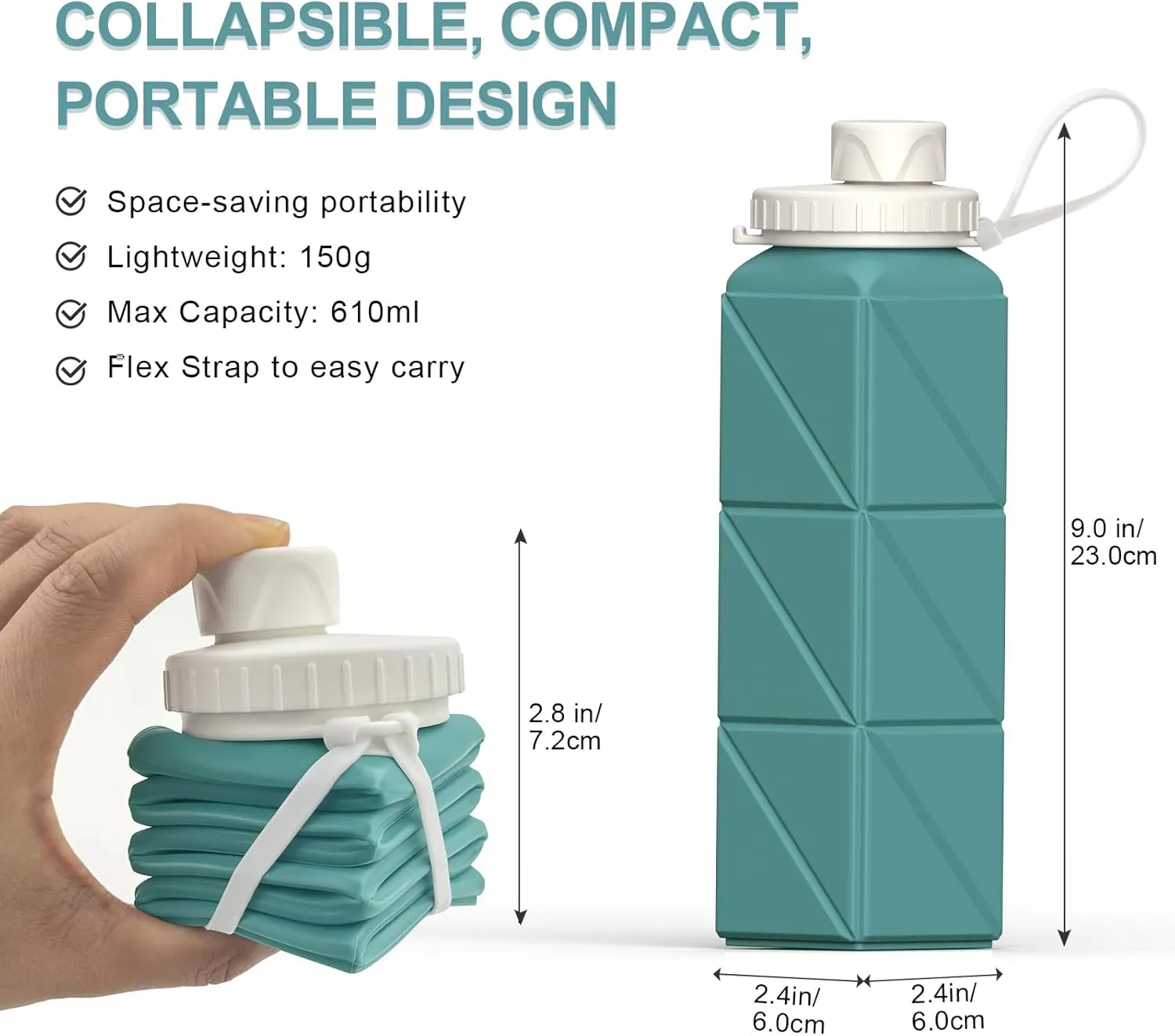 Collapsible Water Bottles 20.6oz, Silicone Foldable Portable Travel Water Bottle, Folding Lightweight Reusable Leakproof for Traveling Camping Hiking Cycling Yoga Sports Outdoor