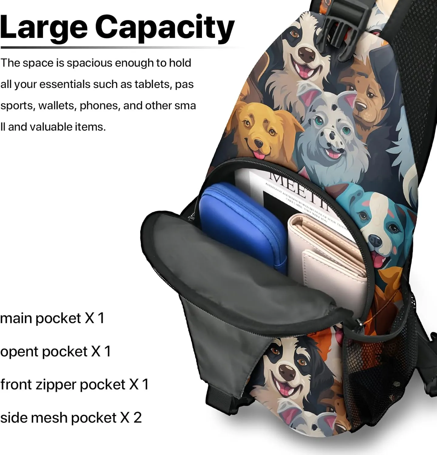 Colorful Dog Sling Bag travel Crossbody Backpack Casual Daypack for Women with Strap Lightweight Outdoor Hiking Climbing Runners