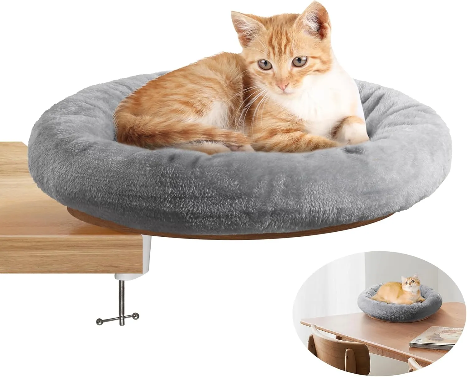 Desk Nest Bed for Cat, Pet Hammock Desktop Brackets with Soft Fluff Bed Suit for Game Table/Office Desk -360Rotating