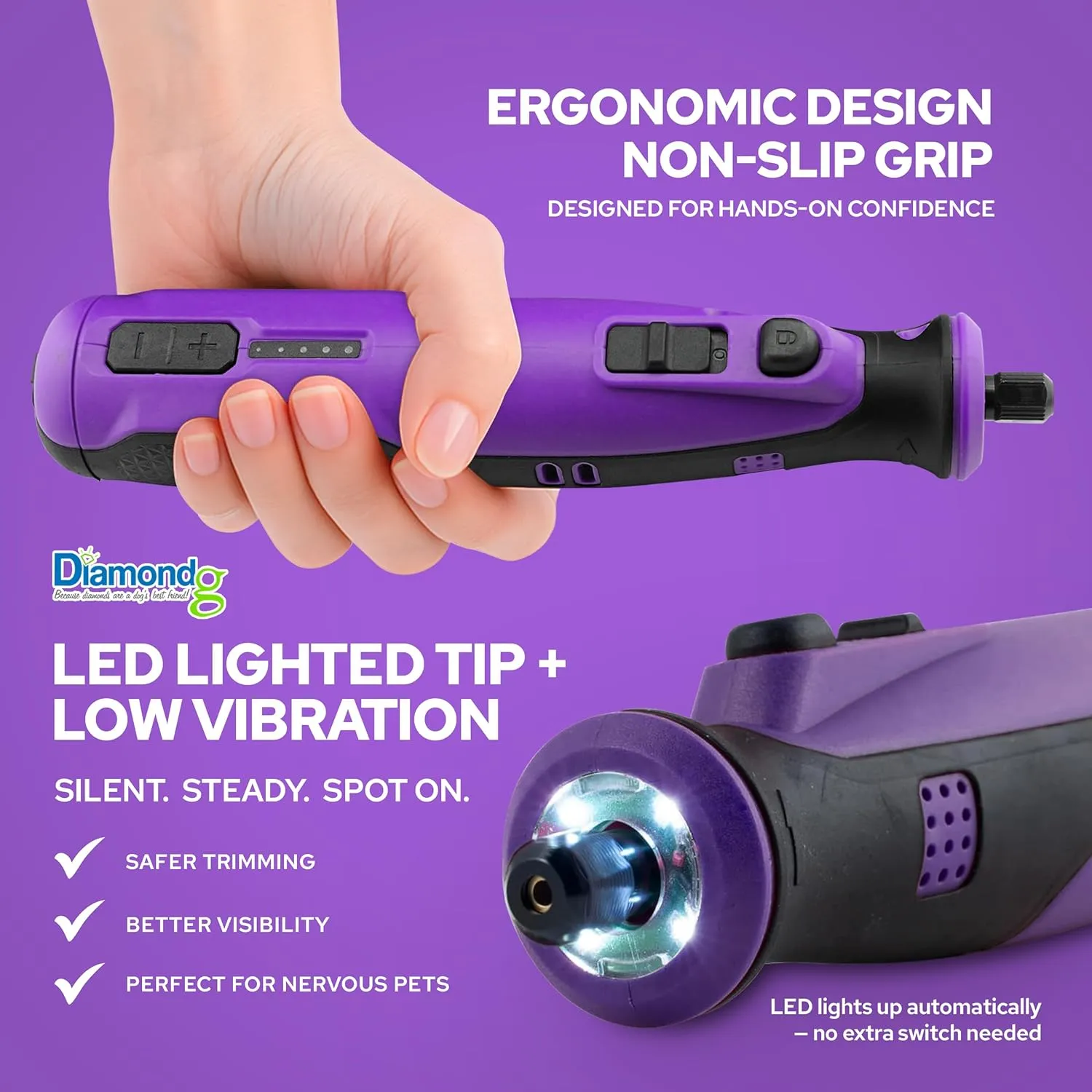 Diamondg Cordless Dog Nail Grinder with Quiet Sound & LED Tip for Large & Small Dogs, 4hrs. Runtime - Electric Dog Nail Trimmer, Heavy Duty Rotary Tool Alternative to Toenail Clippers & Filers