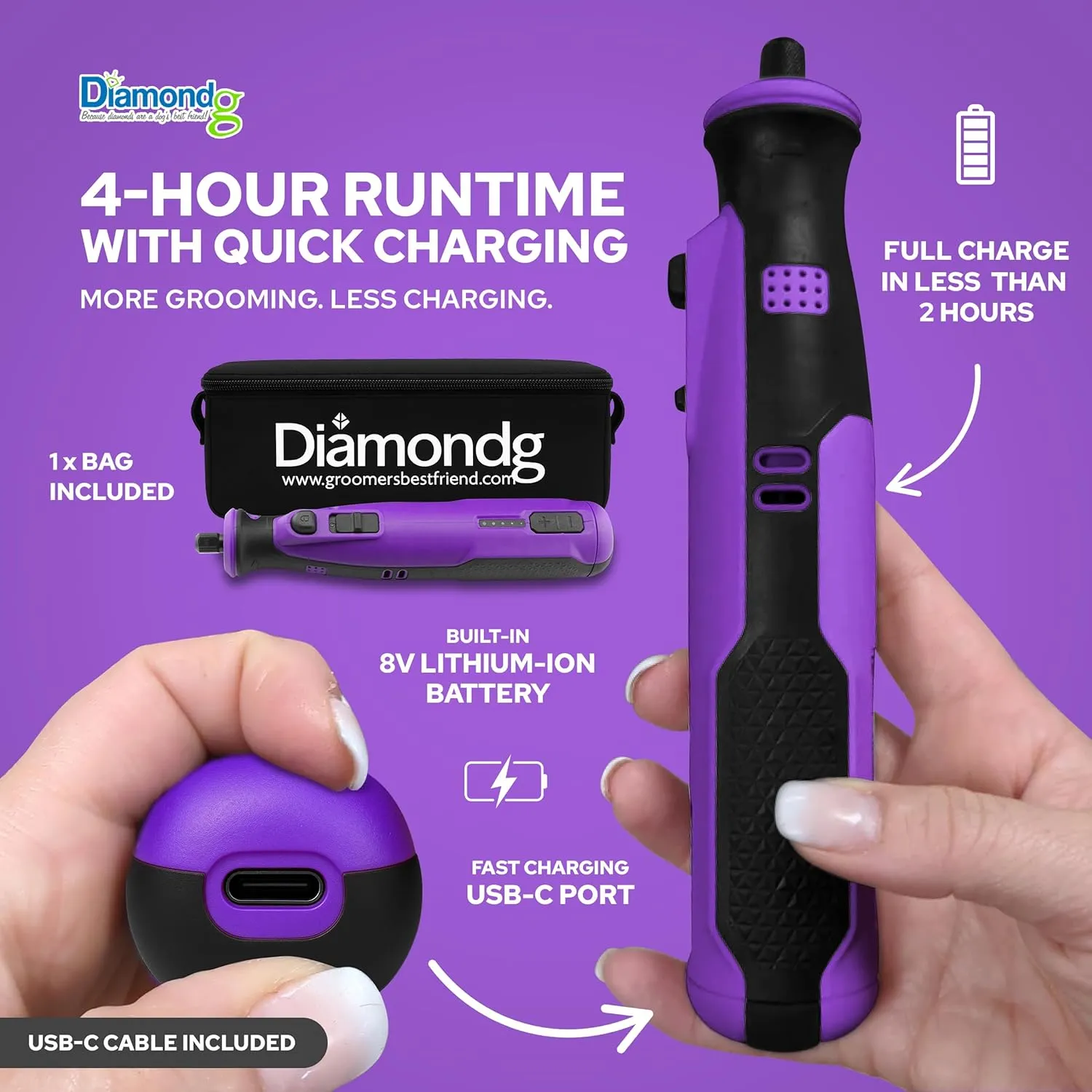 Diamondg Cordless Dog Nail Grinder with Quiet Sound & LED Tip for Large & Small Dogs, 4hrs. Runtime - Electric Dog Nail Trimmer, Heavy Duty Rotary Tool Alternative to Toenail Clippers & Filers