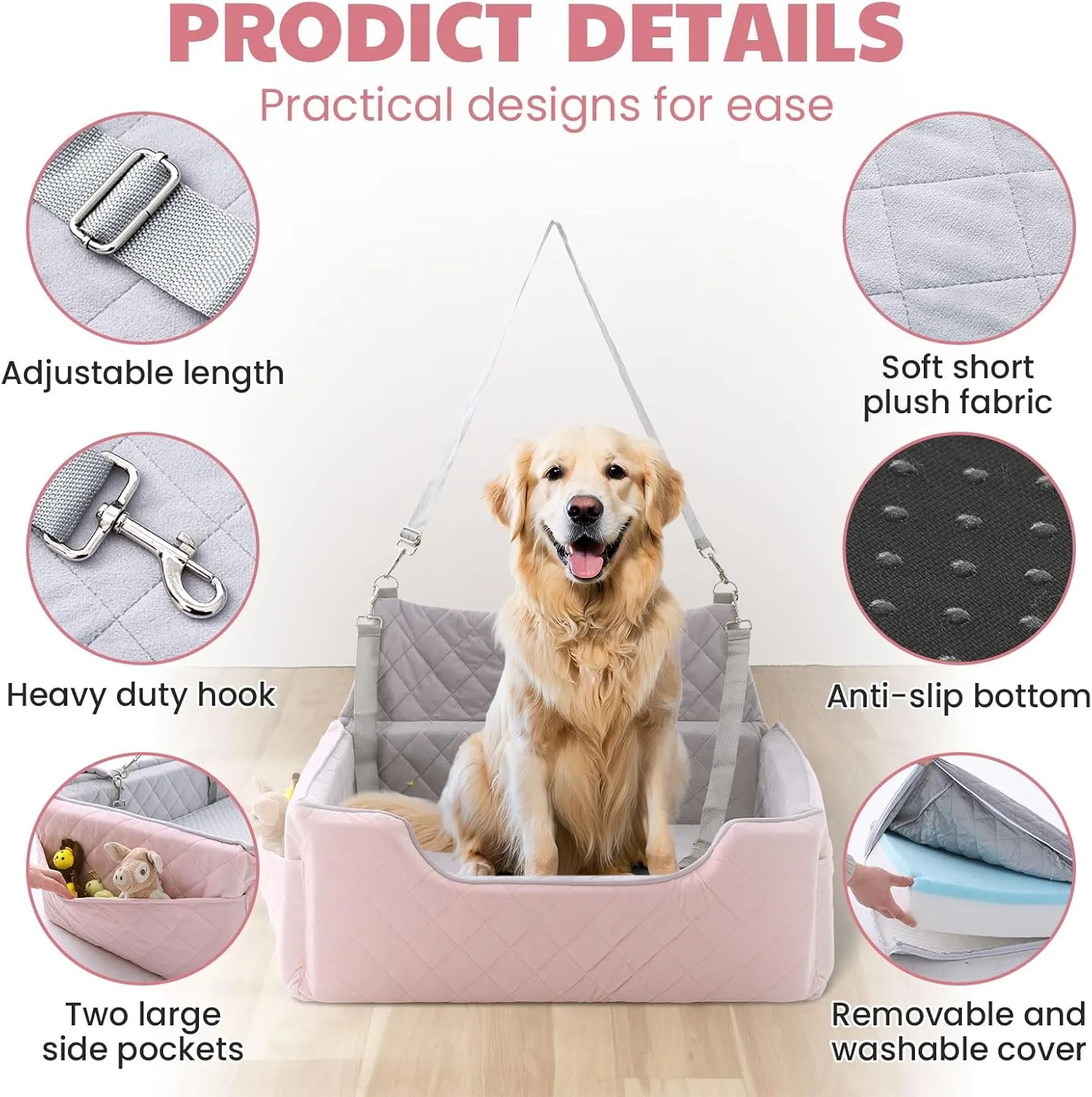 Dog Car Seat for Large/Medium Dogs, Dog Booster Seat for Under 55lbs or 2 Small Dogs, Non-Slip Removable and Washable Pet Car Seat,2 Safety Leashes, Travel Pet Bed, Pink