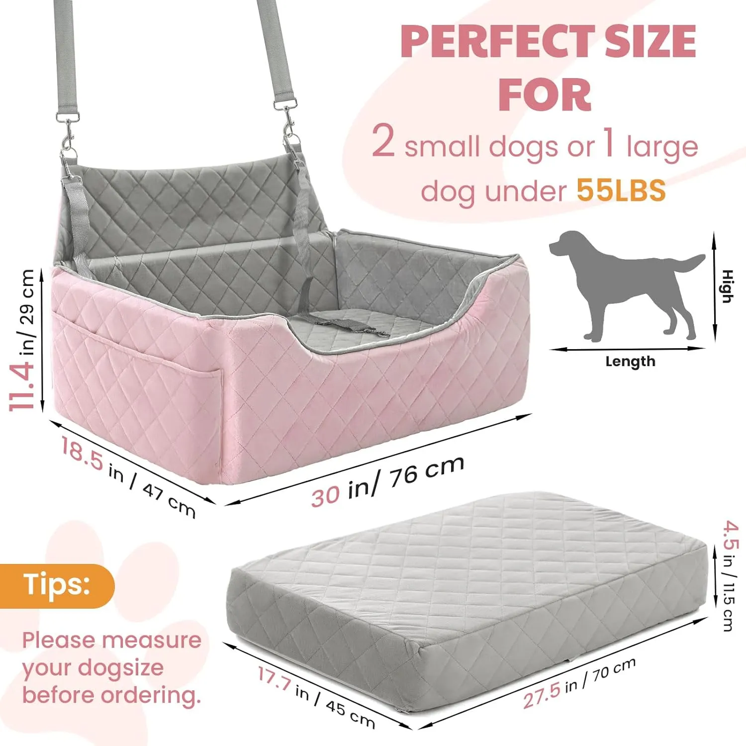 Dog Car Seat for Large/Medium Dogs, Dog Booster Seat for Under 55lbs or 2 Small Dogs, Non-Slip Removable and Washable Pet Car Seat,2 Safety Leashes, Travel Pet Bed, Pink