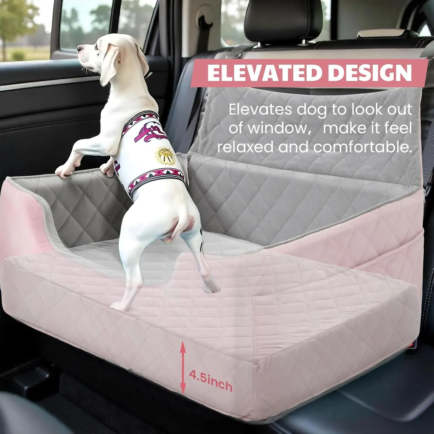 Dog Car Seat for Large/Medium Dogs, Dog Booster Seat for Under 55lbs or 2 Small Dogs, Non-Slip Removable and Washable Pet Car Seat,2 Safety Leashes, Travel Pet Bed, Pink