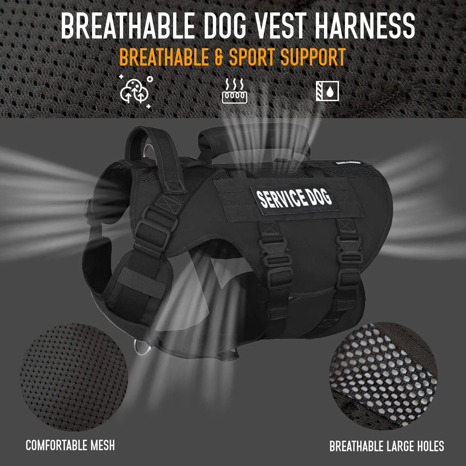Dog Lift Harness for Large Dogs, Military Mesh Breathable Lift Harness with Molle Vest with 39g Metal Buckle for Training Hiking Walking