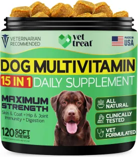 Dog Multivitamin Chewable with Glucosamine & Salmon Oil  Made in USA  Puppy & Senior Supplement  120 Chews  Daily Wellness Support for Joints, Immune System, Skin & Coat, Heart & Digestion