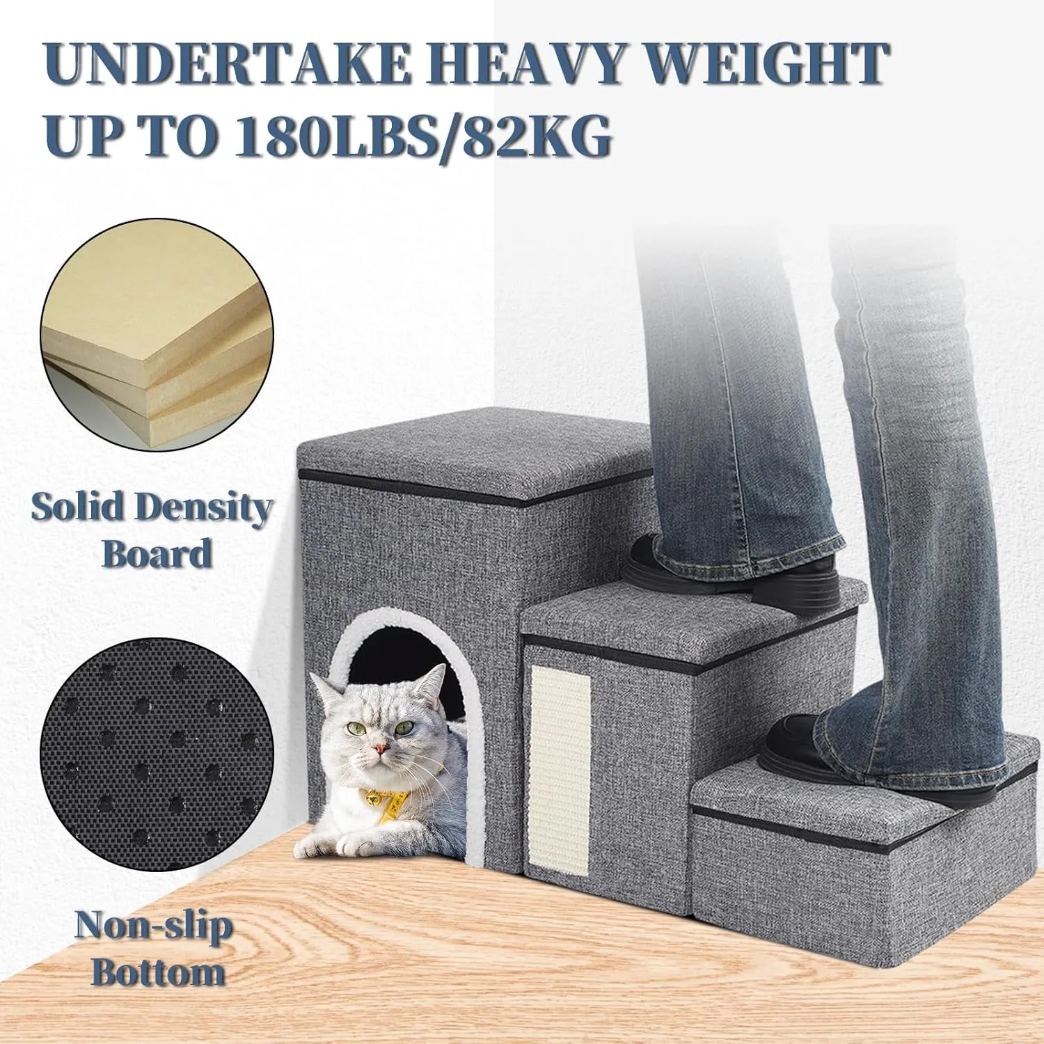Dog Stairs for High Bed and Couch, 4 IN 1 Foldable Pet Stairs for Cats & Small and Medium Dogs, Adjustable Dog Steps with Pet Climbing Ladders/Cozy Condo/Storage Boxes/Cat Scratcher, Hold Up to 180LBS