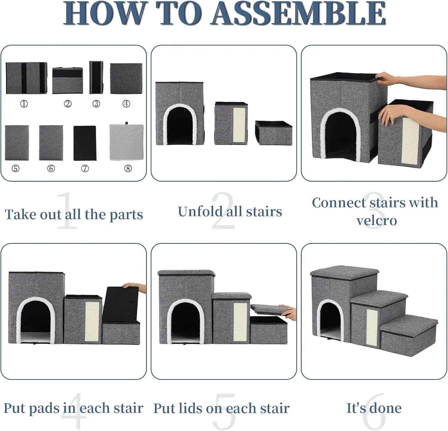 Dog Stairs for High Bed and Couch, 4 IN 1 Foldable Pet Stairs for Cats & Small and Medium Dogs, Adjustable Dog Steps with Pet Climbing Ladders/Cozy Condo/Storage Boxes/Cat Scratcher, Hold Up to 180LBS