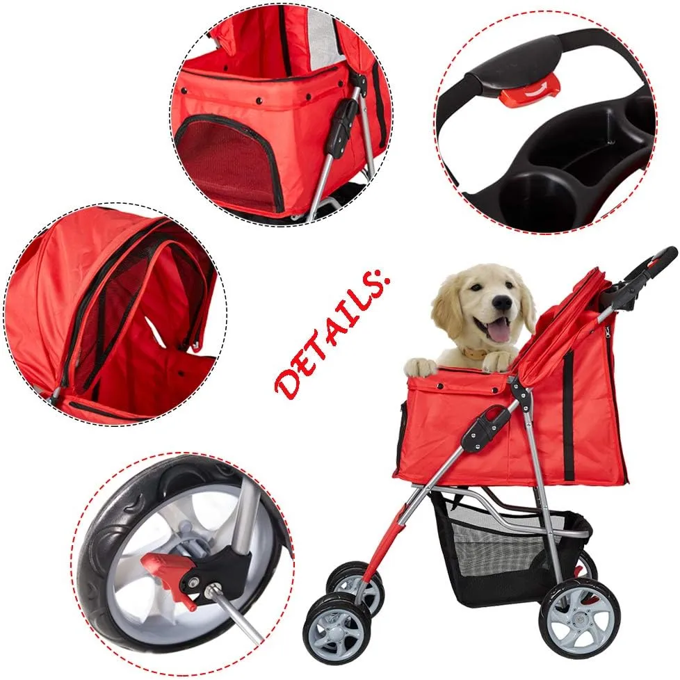 Dog Stroller for Small Dogs Cat Pet Stroller with 4 Wheels, Easy Walk Jogger Travel Carrier Cart Cage, Red