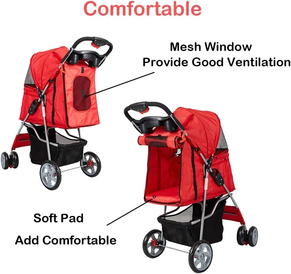 Dog Stroller for Small Dogs Cat Pet Stroller with 4 Wheels, Easy Walk Jogger Travel Carrier Cart Cage, Red
