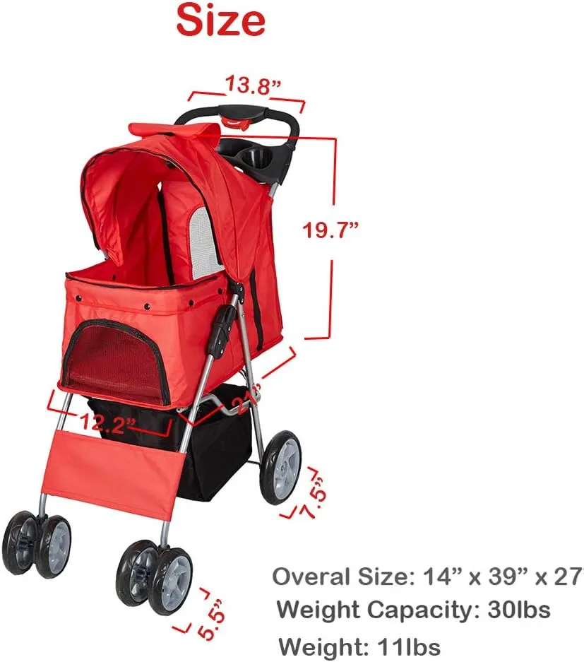 Dog Stroller for Small Dogs Cat Pet Stroller with 4 Wheels, Easy Walk Jogger Travel Carrier Cart Cage, Red