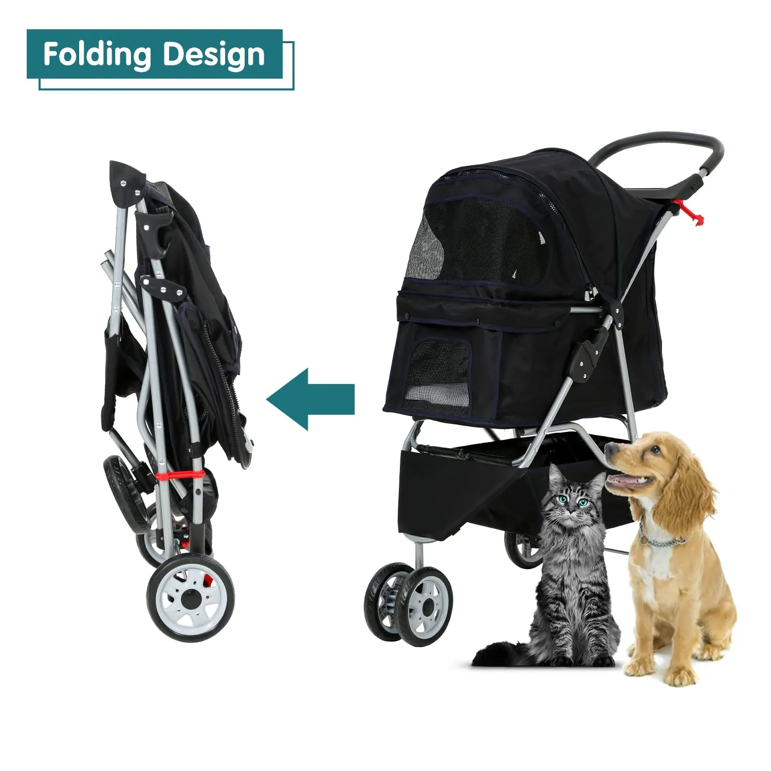 Double Pet Stroller for Cats Dogs 3 Wheels Lightweight Doggie Carrier Strolling Cart Folding Travel Animal Gear Carriage with Removable Liner Storage Ventilation, Double Decker Stroller, Black