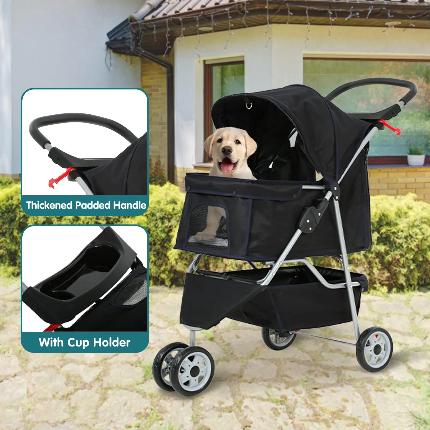 Double Pet Stroller for Cats Dogs 3 Wheels Lightweight Doggie Carrier Strolling Cart Folding Travel Animal Gear Carriage with Removable Liner Storage Ventilation, Double Decker Stroller, Black