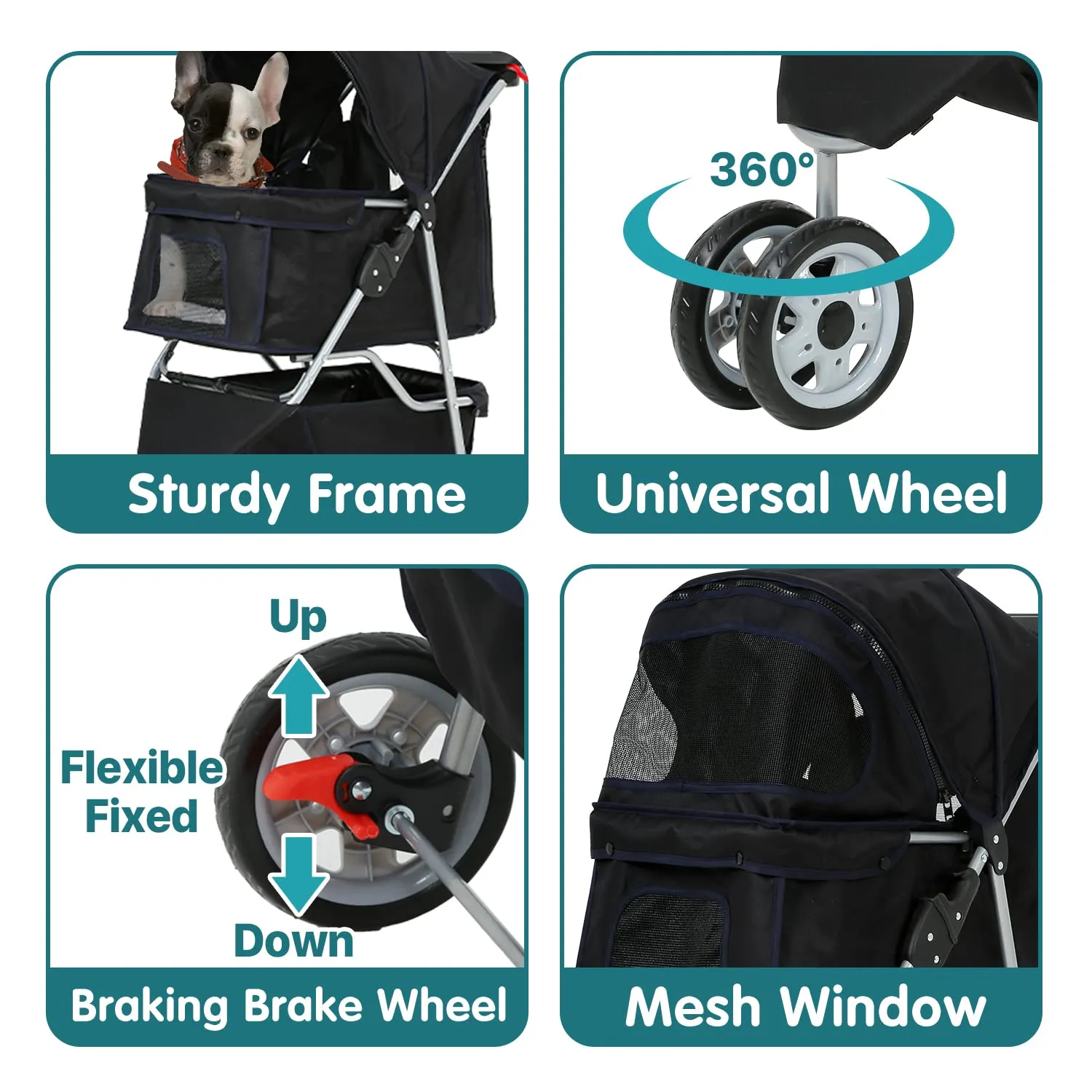 Double Pet Stroller for Cats Dogs 3 Wheels Lightweight Doggie Carrier Strolling Cart Folding Travel Animal Gear Carriage with Removable Liner Storage Ventilation, Double Decker Stroller, Black