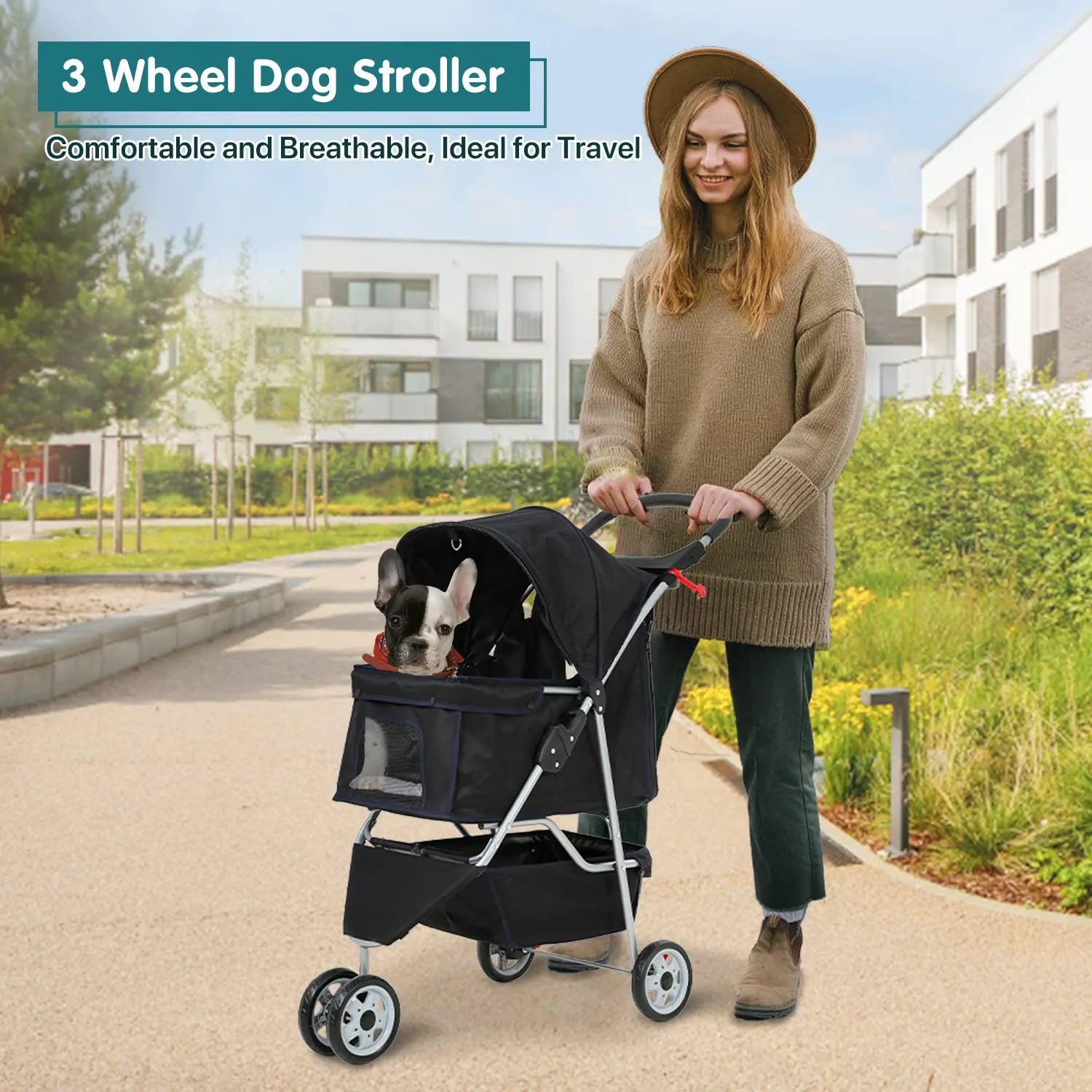 Double Pet Stroller for Cats Dogs 3 Wheels Lightweight Doggie Carrier Strolling Cart Folding Travel Animal Gear Carriage with Removable Liner Storage Ventilation, Double Decker Stroller, Black