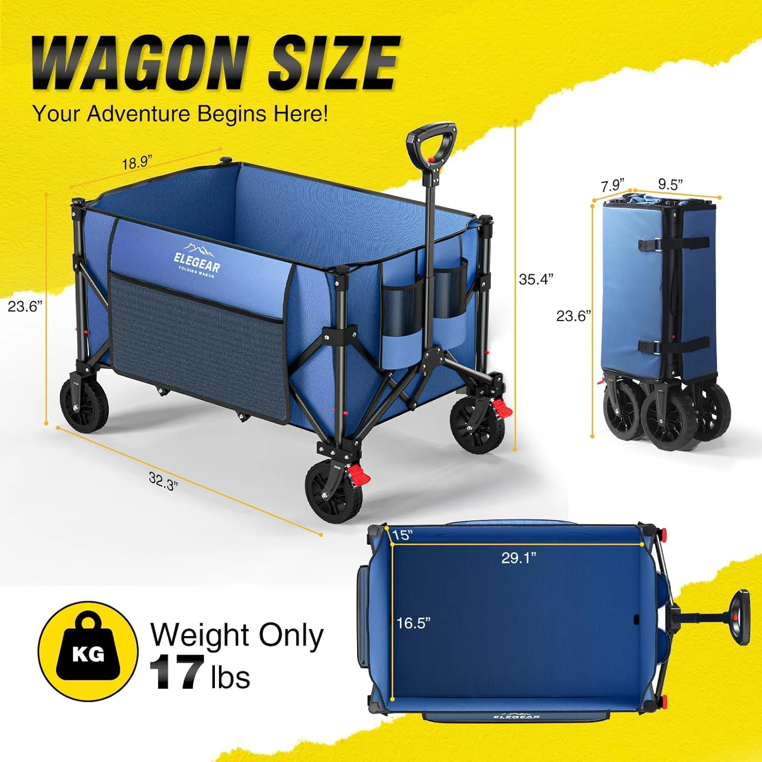 Elegear Wagon Cart Foldable Collapsible 150L 330LBS - Heavy Duty Large Capacity Utility Beach Wagon with 360 All-Terrain Wheels & Smallest Folding Design for Camping Garden Grocery Sports - Blue