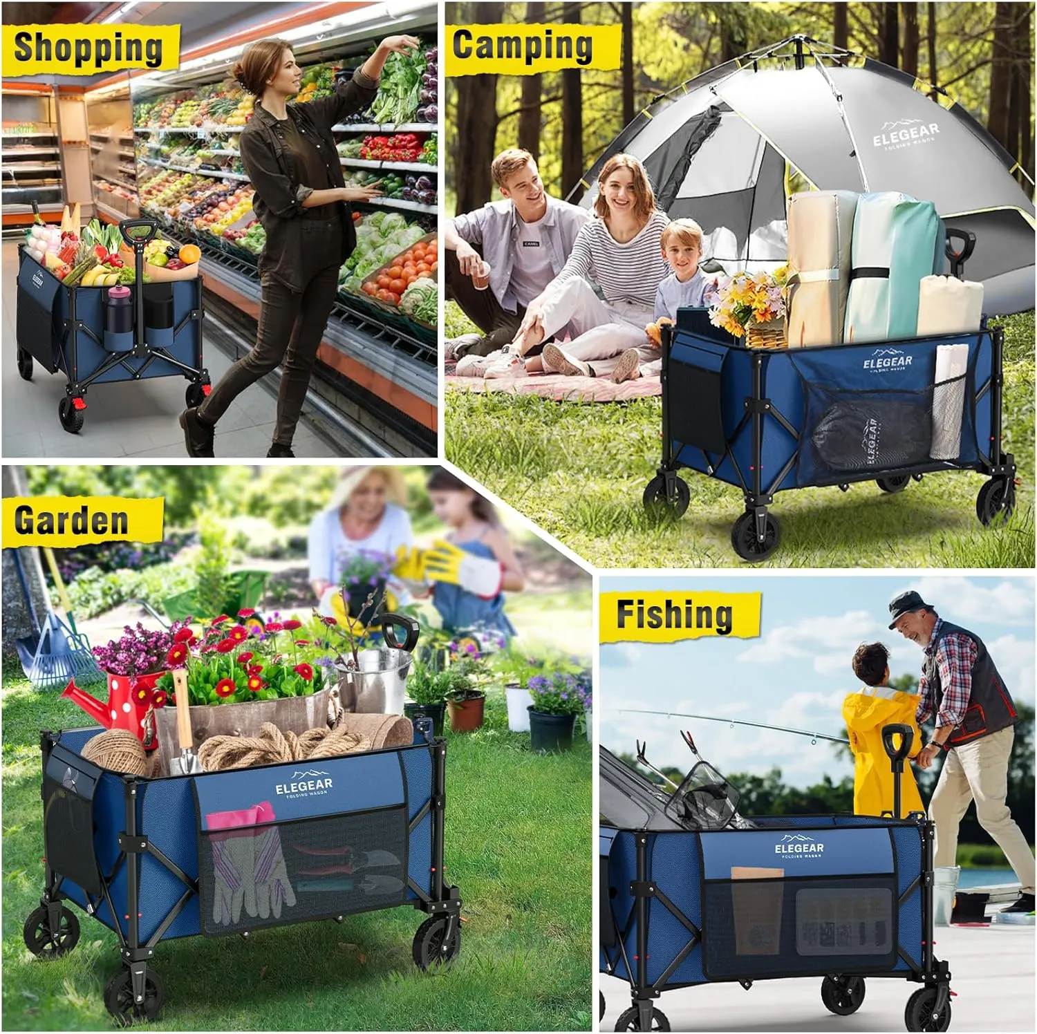 Elegear Wagon Cart Foldable Collapsible 150L 330LBS - Heavy Duty Large Capacity Utility Beach Wagon with 360 All-Terrain Wheels & Smallest Folding Design for Camping Garden Grocery Sports - Blue