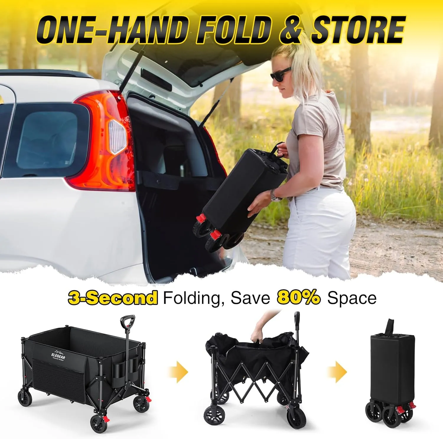 Elegear Wagon Cart Foldable Collapsible 150L 360LBS - Heavy Duty Large Capacity Utility Beach Wagon with 360 All-Terrain Wheels & Smallest Folding Design for Camping Garden Grocery Sports Shopping