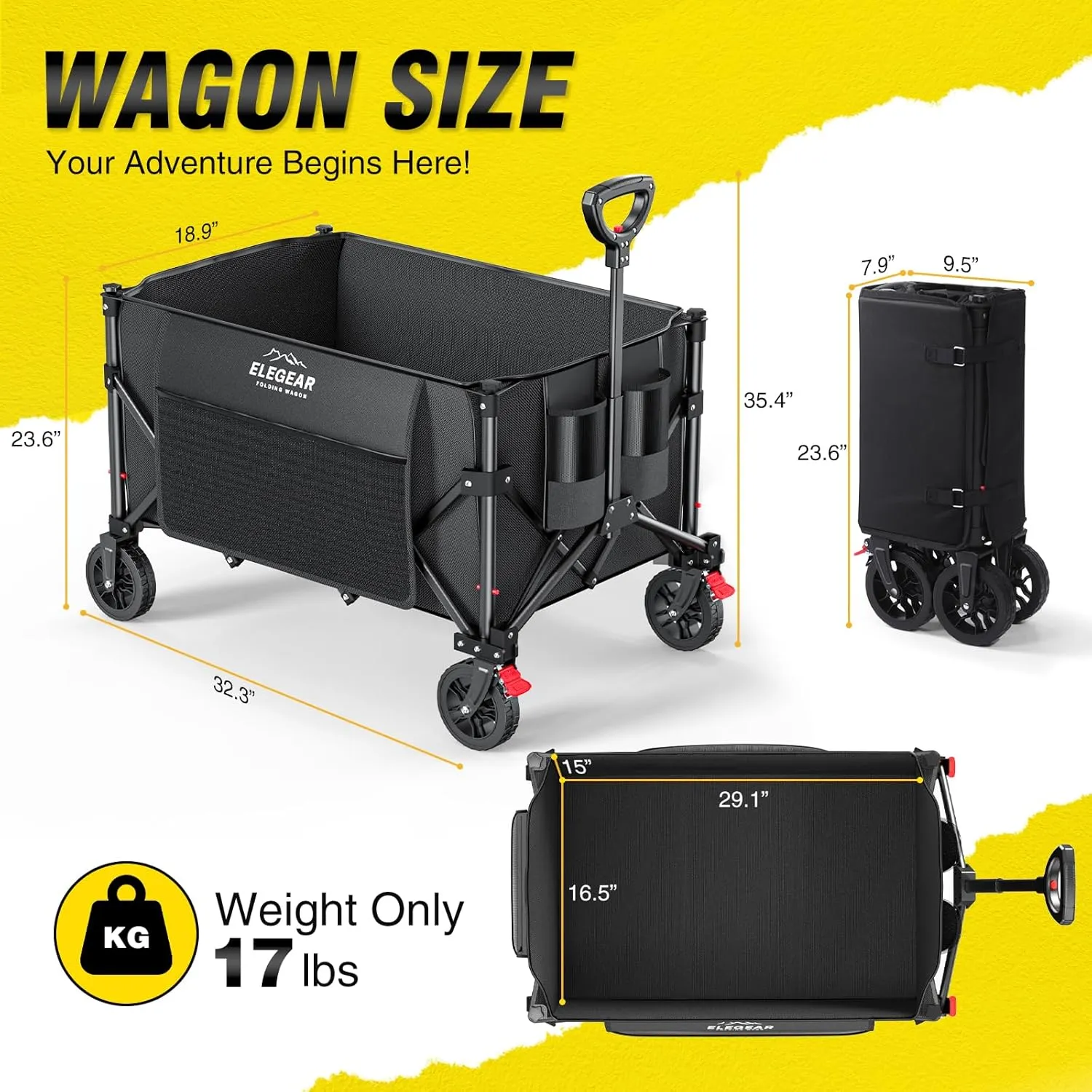 Elegear Wagon Cart Foldable Collapsible 150L 360LBS - Heavy Duty Large Capacity Utility Beach Wagon with 360 All-Terrain Wheels & Smallest Folding Design for Camping Garden Grocery Sports Shopping