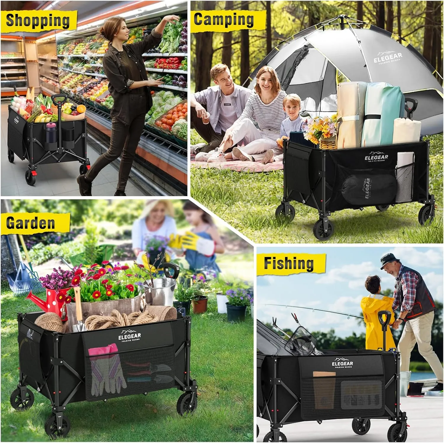 Elegear Wagon Cart Foldable Collapsible 150L 360LBS - Heavy Duty Large Capacity Utility Beach Wagon with 360 All-Terrain Wheels & Smallest Folding Design for Camping Garden Grocery Sports Shopping
