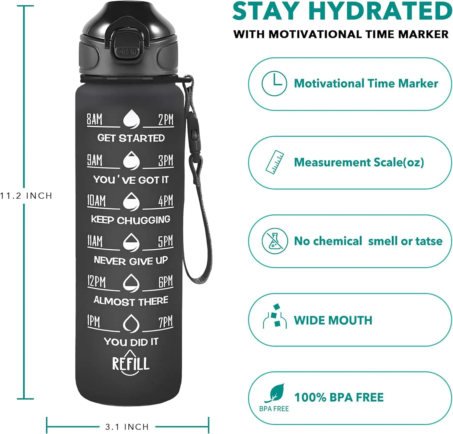Enerbone 32 oz Drinking Water Bottle with Times to Drink and Straw, Motivational with Carrying Strap, Leakproof BPA & Toxic Free, Ensure You Drink Enough Water for Fitness Gym Outdoor