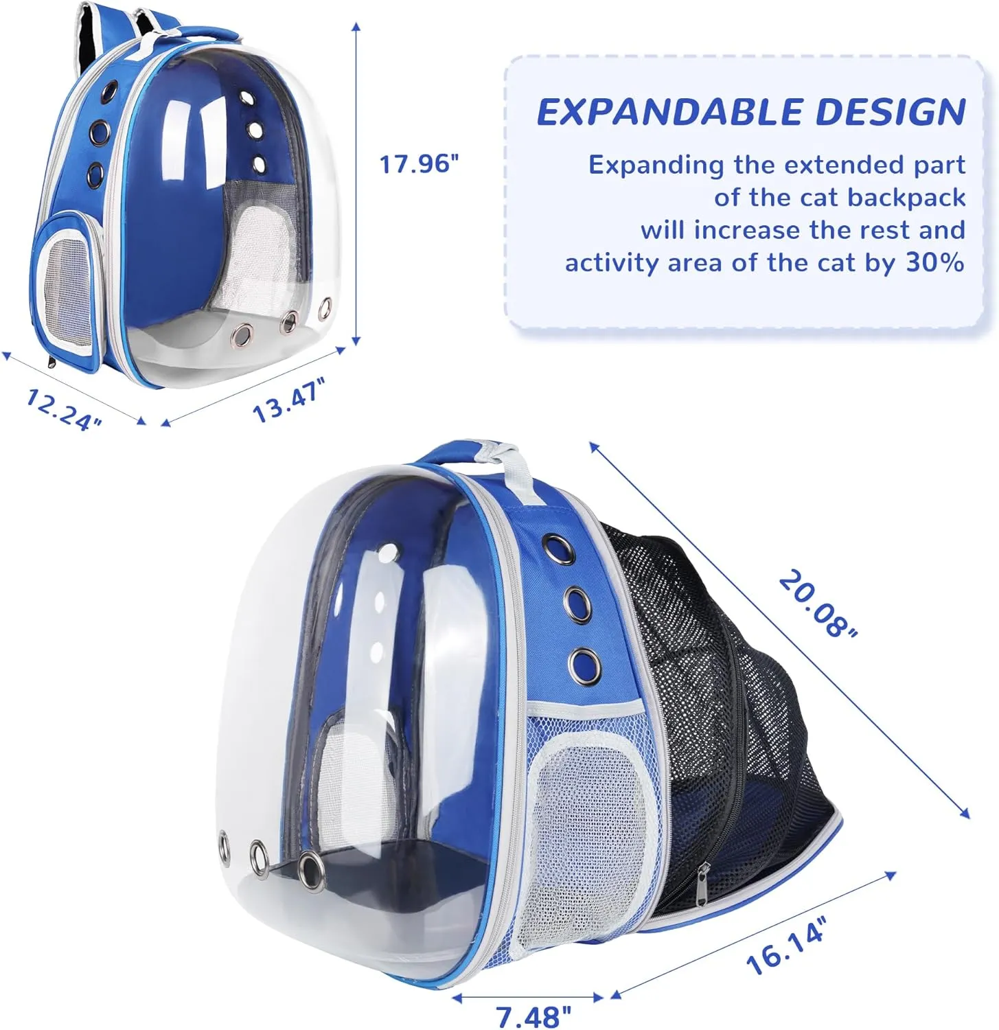 Expandable Cat Backpack Bubble Carrier, Fit up to 15 lbs Cats and Puppies, Space Capsule Bubble Window Pet Carrier Hiking Backpack, Airline Approved Travel Carrier - Blue