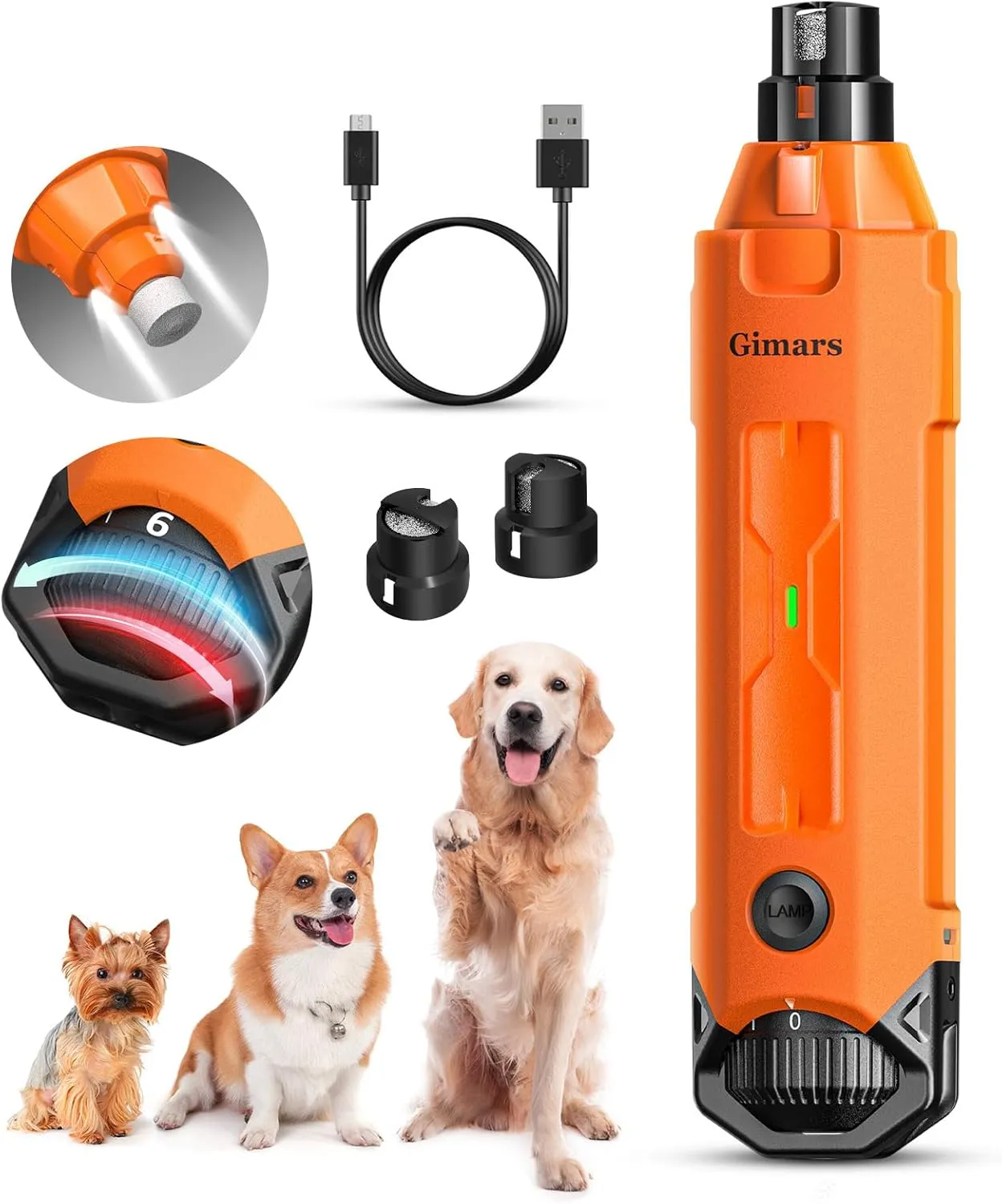Gimars Upgrade Super Quiet Adjustable 6 Speed Powerful 12000rpm Allow All Controll Dog Nail Grinder 45 db Dual LED Light Pet Nail Grinder USB Rechargeable 3 Ports Nail File for Large Medium Small Dog