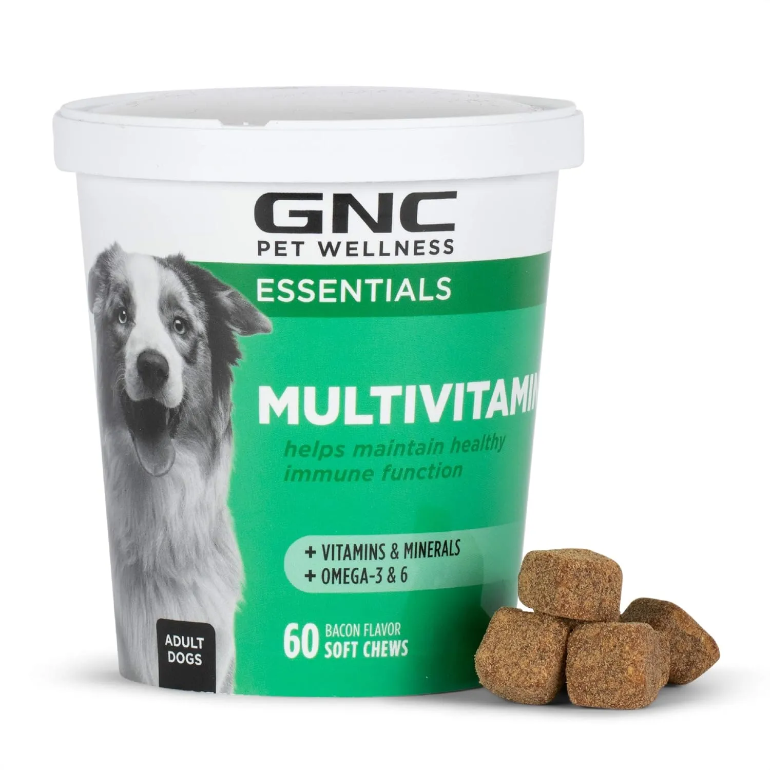 GNC Essentials Dog Multivitamin Soft Chews - 60 ct Salmon Oil Dog Supplement Immune Booster - Bacon Flavor Chewable Dog Multivitamin with Vitamins and Minerals