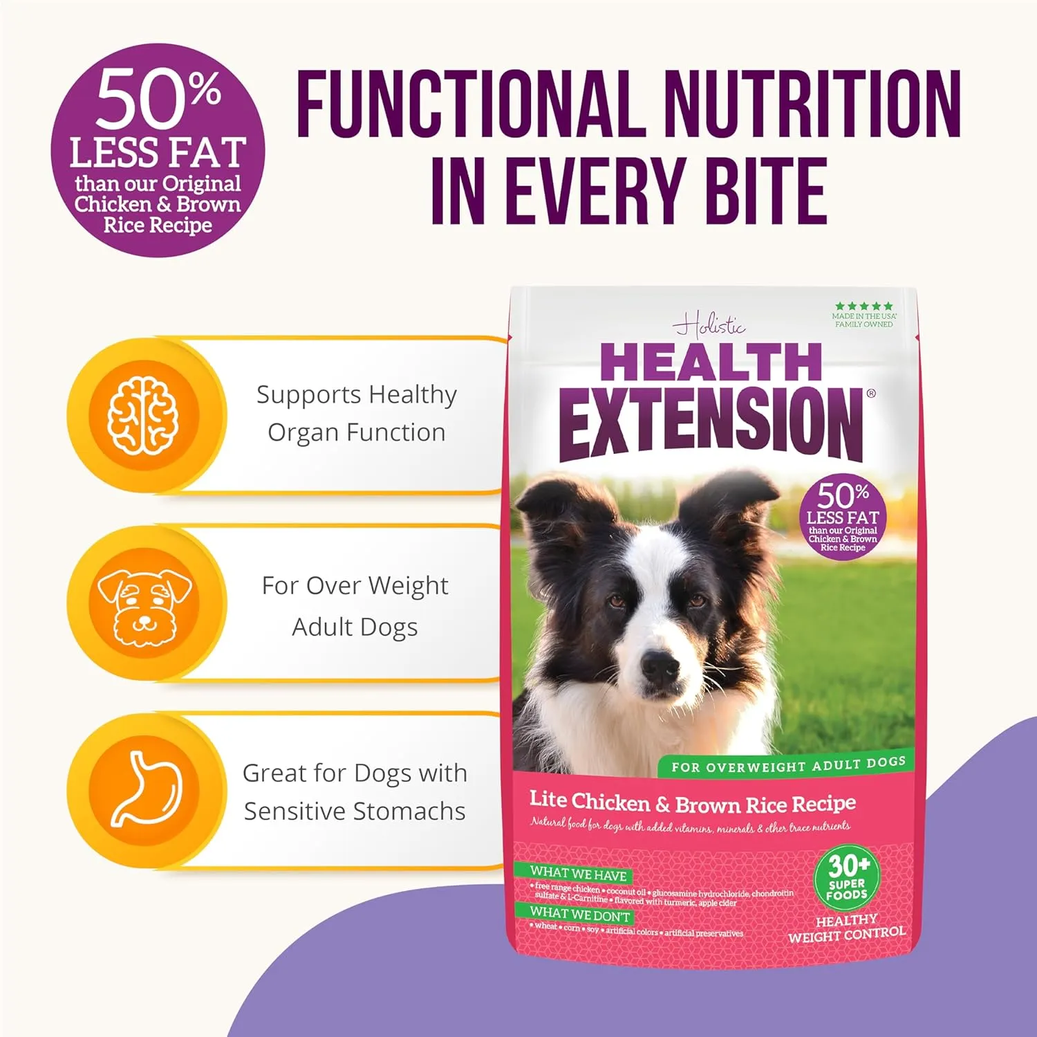 Health Extension Lite Chicken & Brown Rice Dry Dog Food (1 lb / 0.45 kg) - Low-Fat Formula with Glucosamine, Probiotics & Omega 3 for Overweight, Spayed, Neutered, or Senior Dogs (Pack of 2)