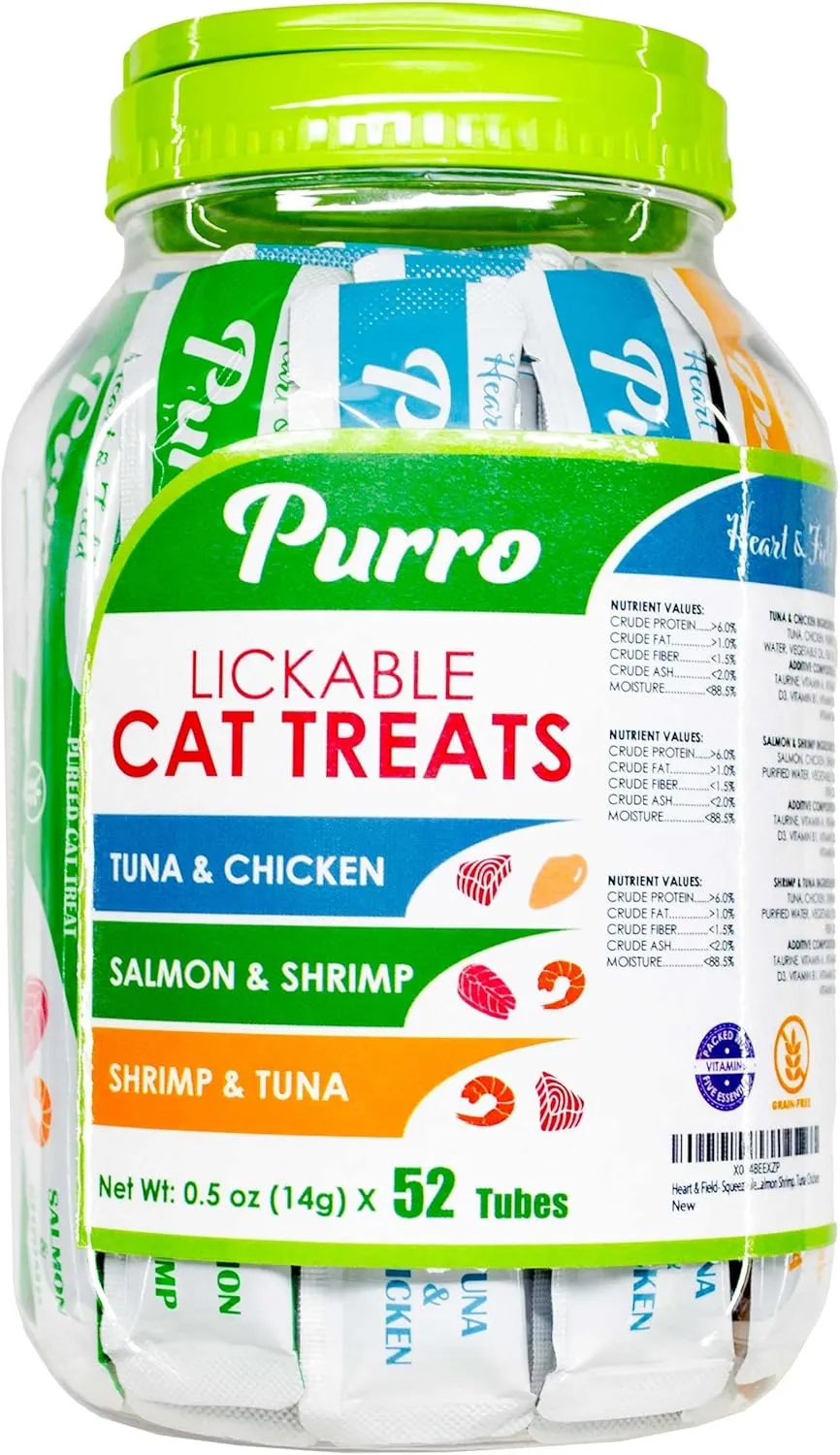 Heart & Field Cat Treats, Squeezable Lickable Variety Pack, Tuna Shrimp, Salmon Shrimp, Tuna Chicken, 52 Count
