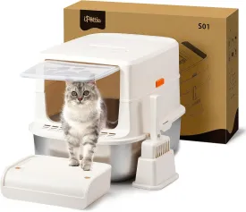iPettie S01 20L Large Stainless Steel Litter Box, Odor-Reducing Smell Proof Charcoal Filter, Enclosed with Cat Litter Scooper, Easy to Clean, Metal Litter Box with Lid