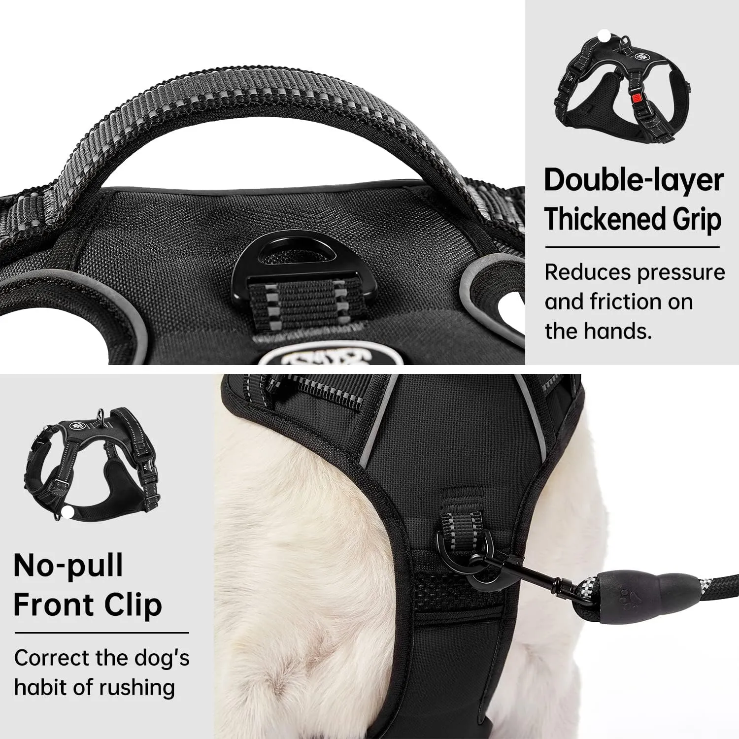 IVY&LANE No Pull Dog Harness for Medium Dogs, Dog Vest Harness with Leash, Safety Belt and Storage Strap, Fully Adjustable Harness, 360 Reflective Strip, Soft Handle (Black, M)