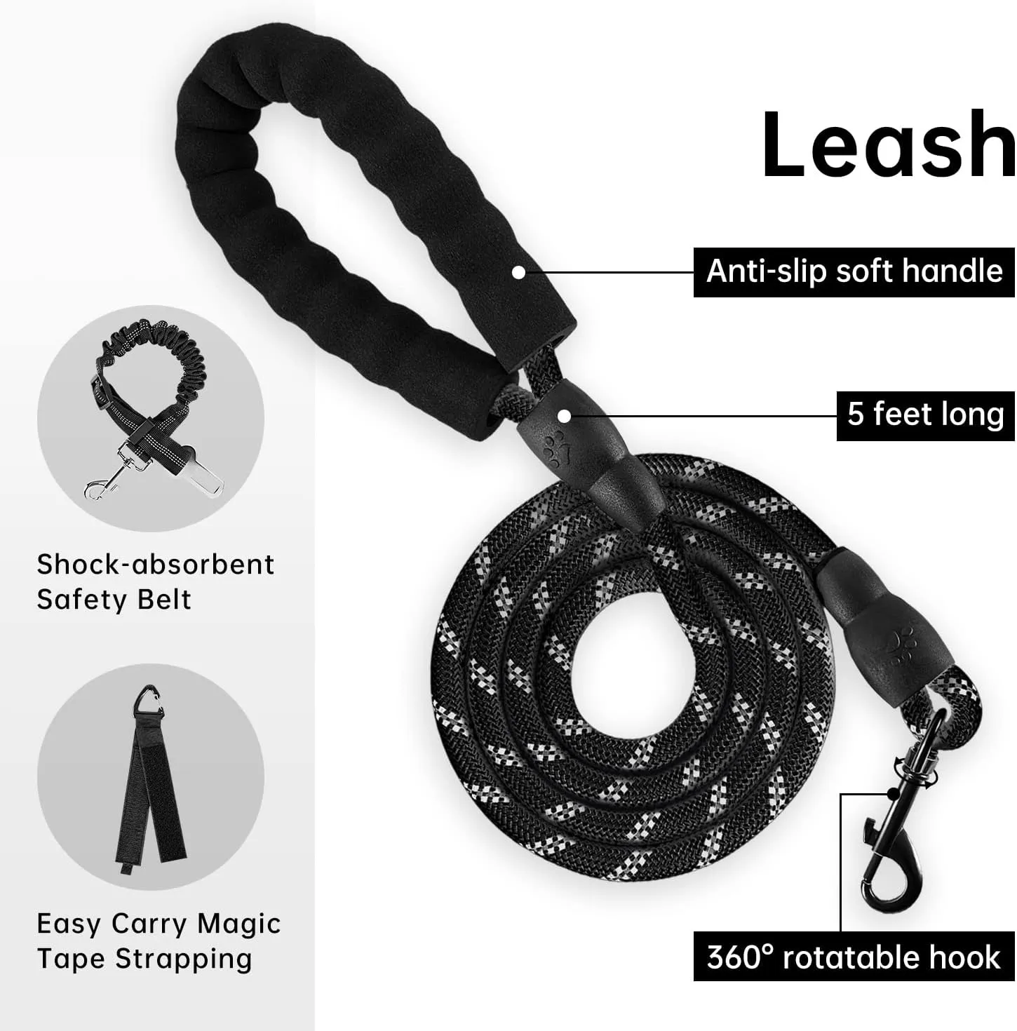 IVY&LANE No Pull Dog Harness for Medium Dogs, Dog Vest Harness with Leash, Safety Belt and Storage Strap, Fully Adjustable Harness, 360 Reflective Strip, Soft Handle (Black, M)