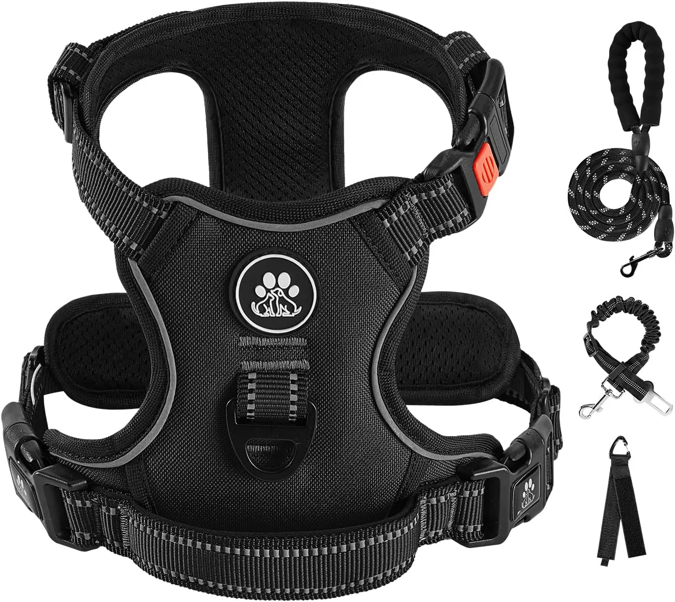 IVY&LANE No Pull Dog Harness for Medium Dogs, Dog Vest Harness with Leash, Safety Belt and Storage Strap, Fully Adjustable Harness, 360 Reflective Strip, Soft Handle (Black, M)