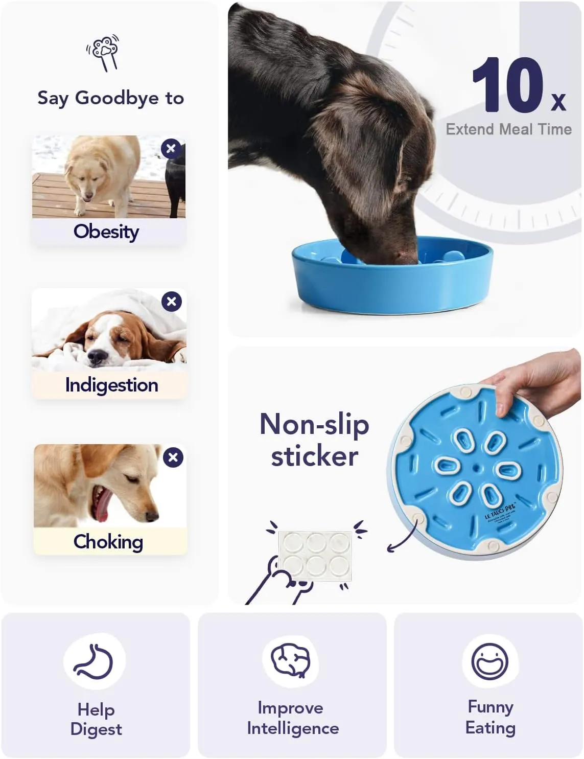 LE TAUCI PET Slow Feeder Dog Bowl Ceramic, 1.5 Cups, Blue, Non-slip Base