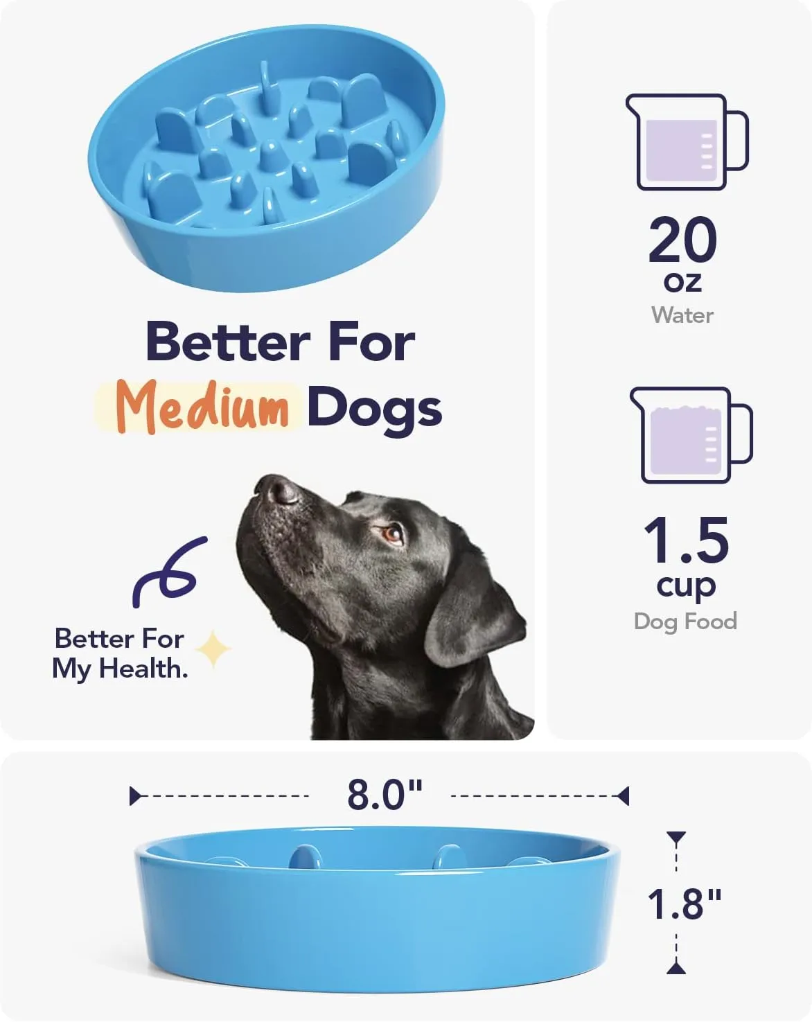 LE TAUCI PET Slow Feeder Dog Bowl Ceramic, 1.5 Cups, Blue, Non-slip Base