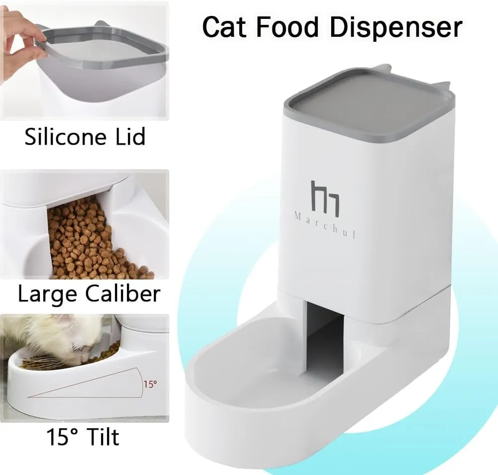 Marchul Gravity Pet Feeder and Water Dispenser Set, Cat Feeder with Silicone Mat, Automatic Cat Food Dispenser and Cat Water Bowl, Dog Feeder with Scoop Sponge Brush, Big Capacity 1 Gallon(3.8 L)