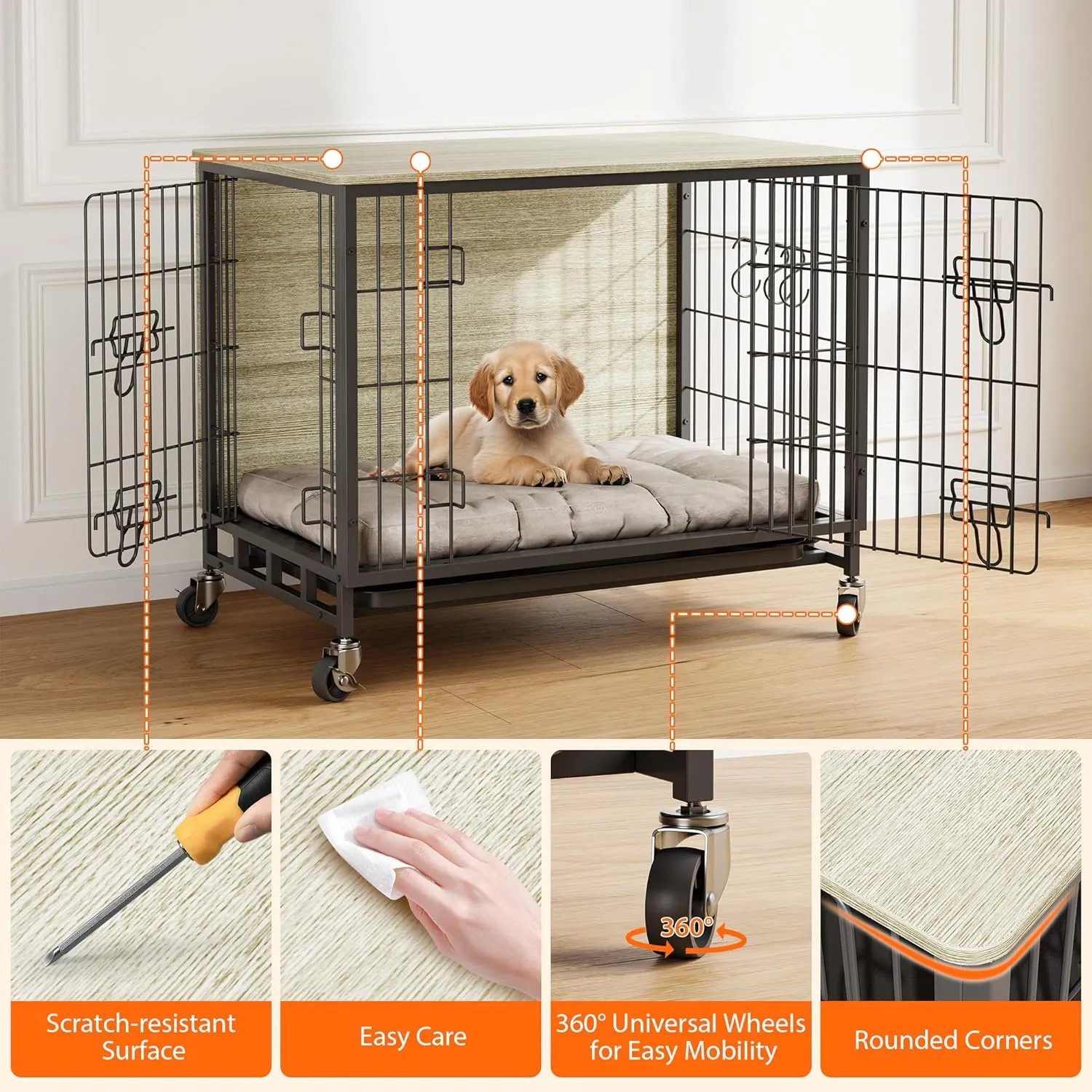 Medium Dog Crate Furniture, 32.5" L x 21.9" W x 25.2" H, Indoor Pet Crate with Double Doors, Removable Tray and 360 Wheels, Wooden Countertop Dog Kennel, Gray Black