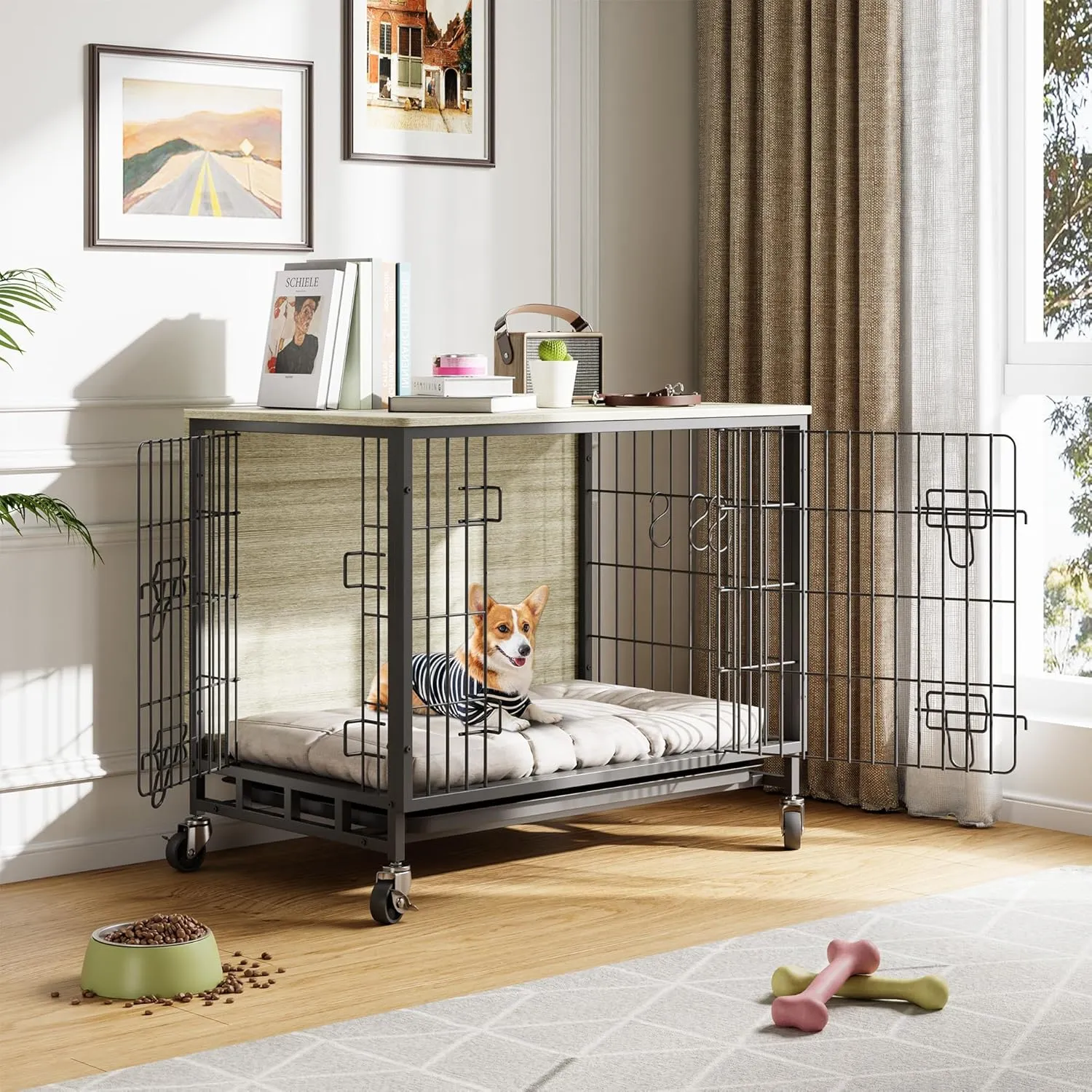 Medium Dog Crate Furniture, 32.5" L x 21.9" W x 25.2" H, Indoor Pet Crate with Double Doors, Removable Tray and 360 Wheels, Wooden Countertop Dog Kennel, Gray Black